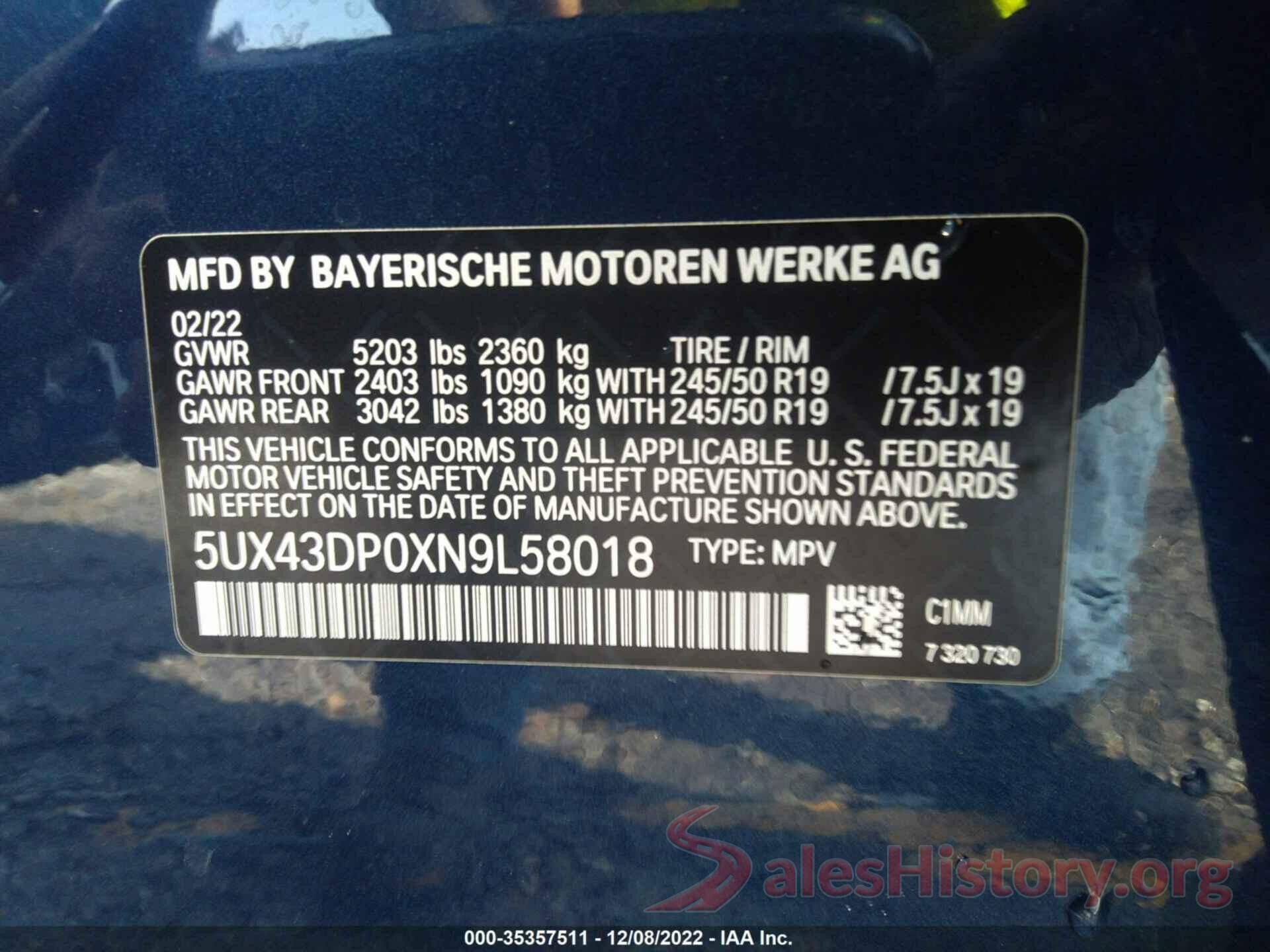 5UX43DP0XN9L58018 2022 BMW X3