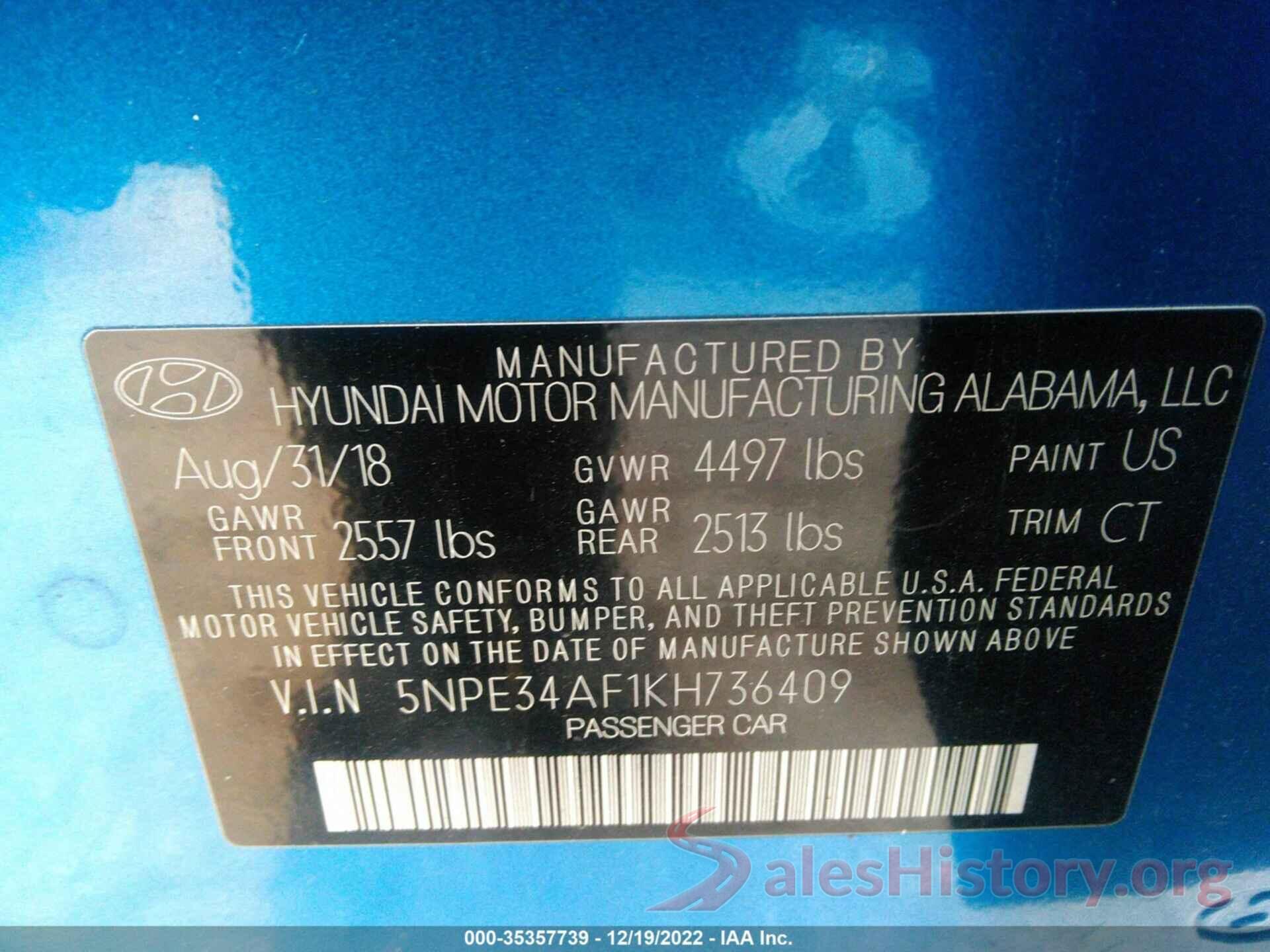 5NPE34AF1KH736409 2019 HYUNDAI SONATA