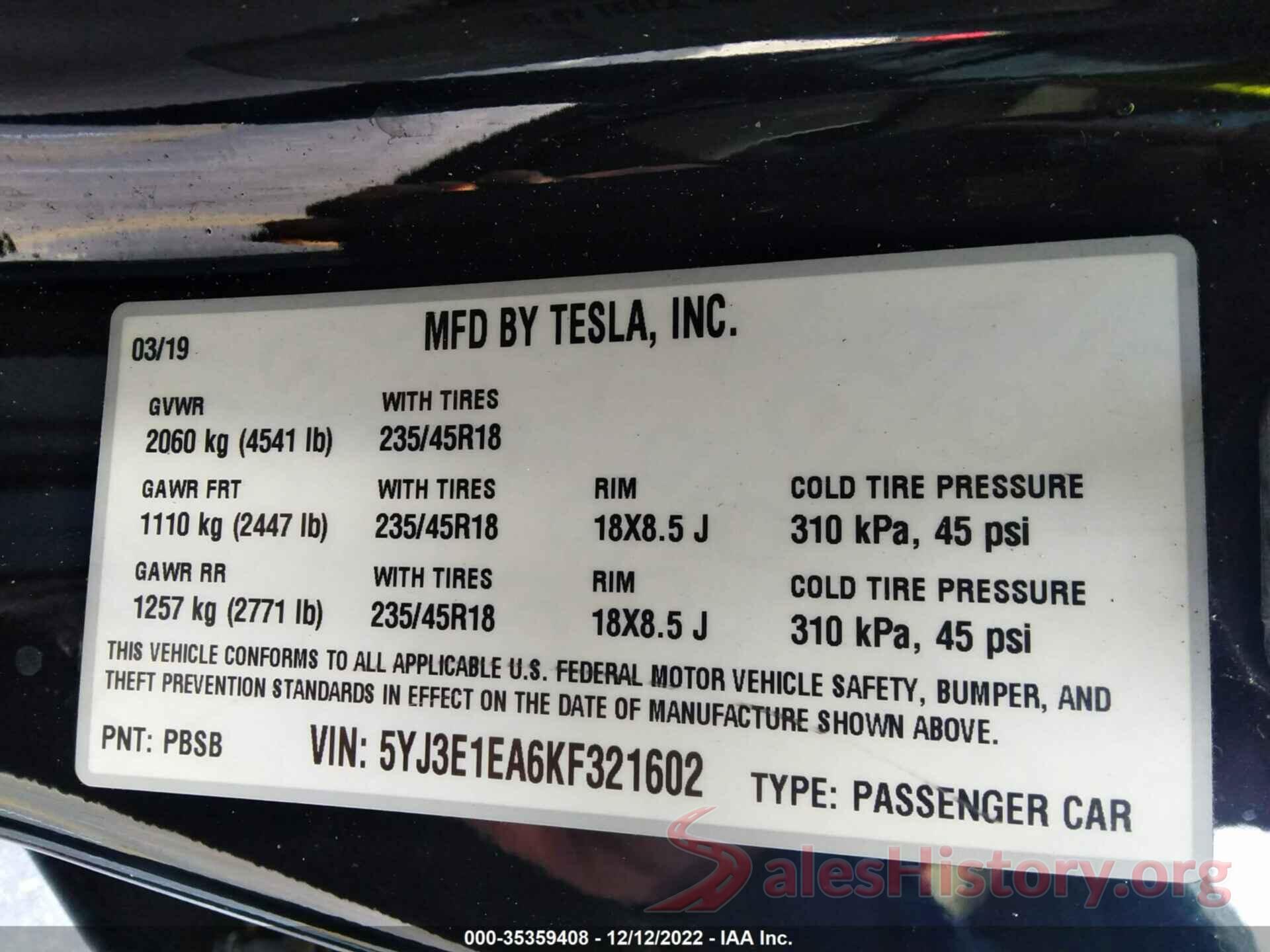 5YJ3E1EA6KF321602 2019 TESLA MODEL 3