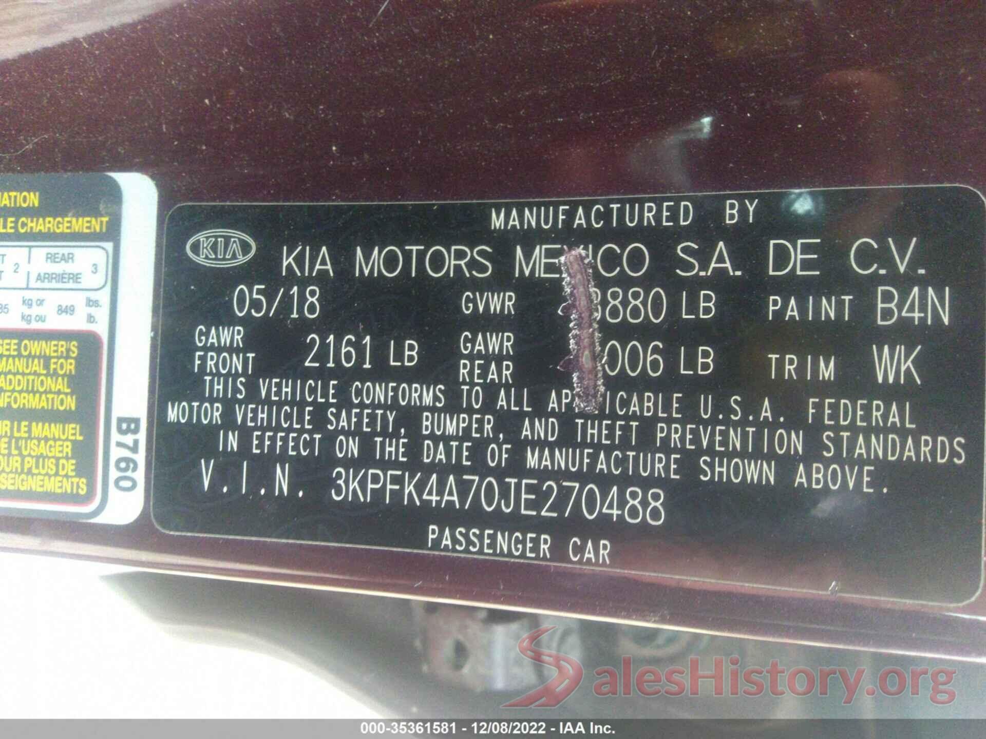 3KPFK4A70JE270488 2018 KIA FORTE