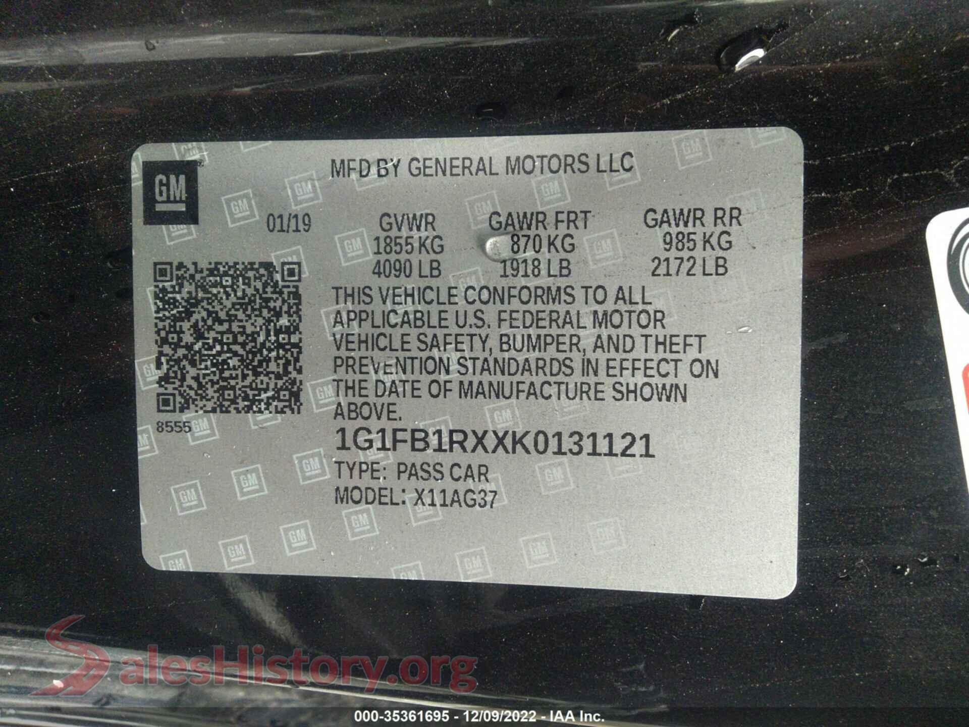 2019 CHEVROLET CAMARO VIN 1G1FB1RXXK0131121, engine bay