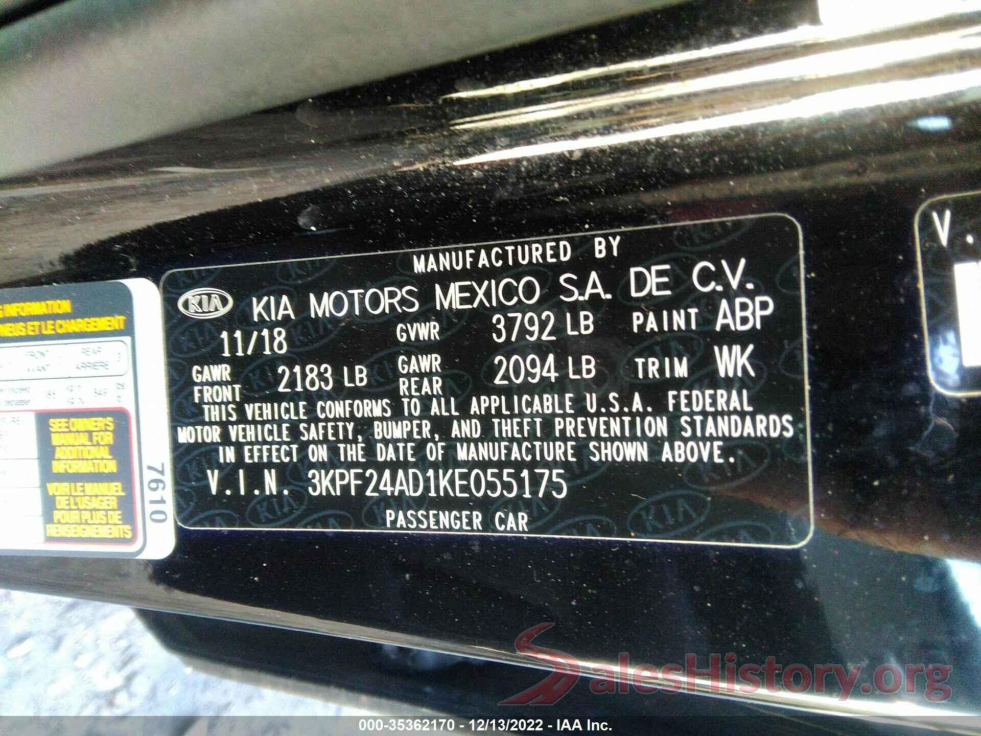 3KPF24AD1KE055175 2019 KIA FORTE