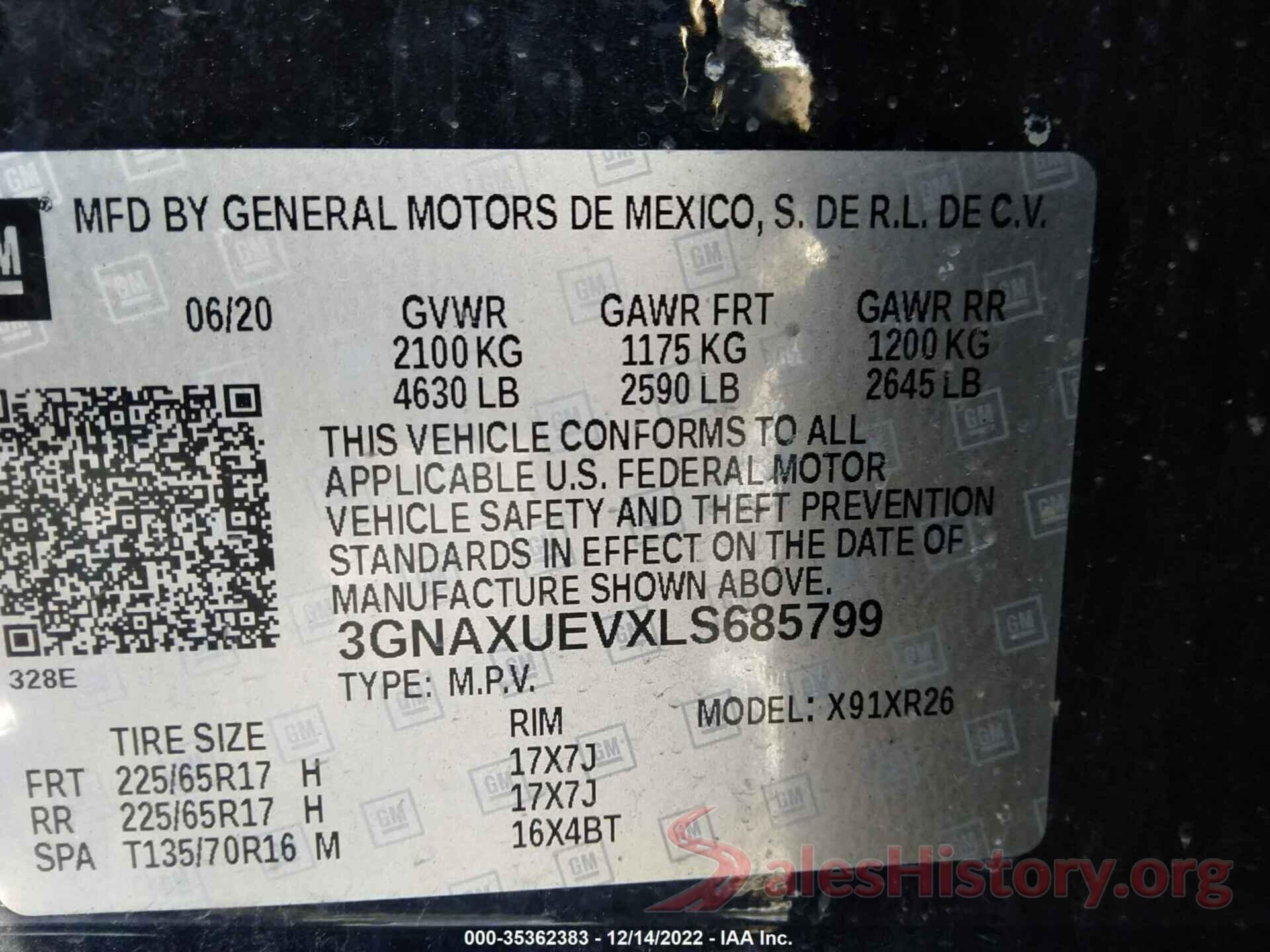 3GNAXUEVXLS685799 2020 CHEVROLET EQUINOX