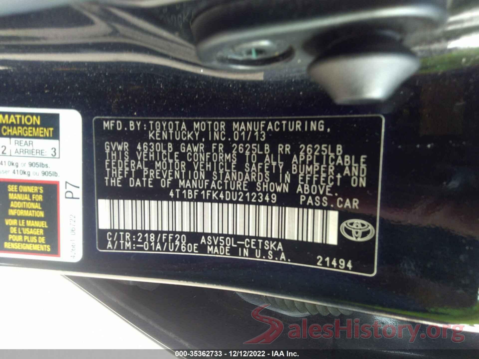 4T1BF1FK4DU212349 2013 TOYOTA CAMRY