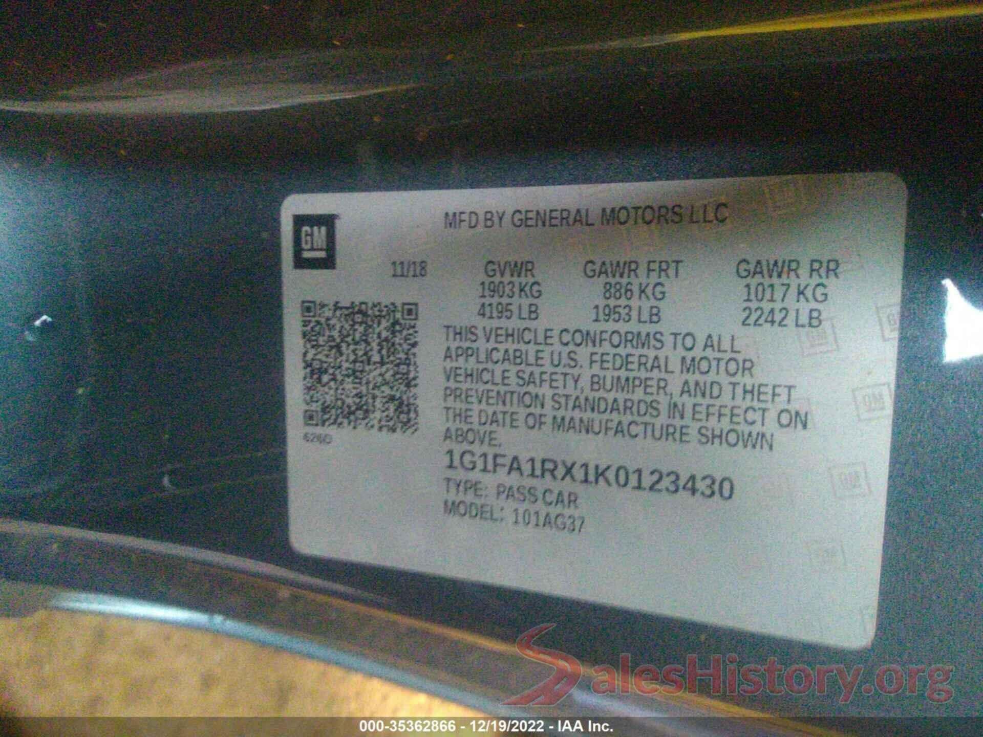 1G1FA1RX1K0123430 2019 CHEVROLET CAMARO