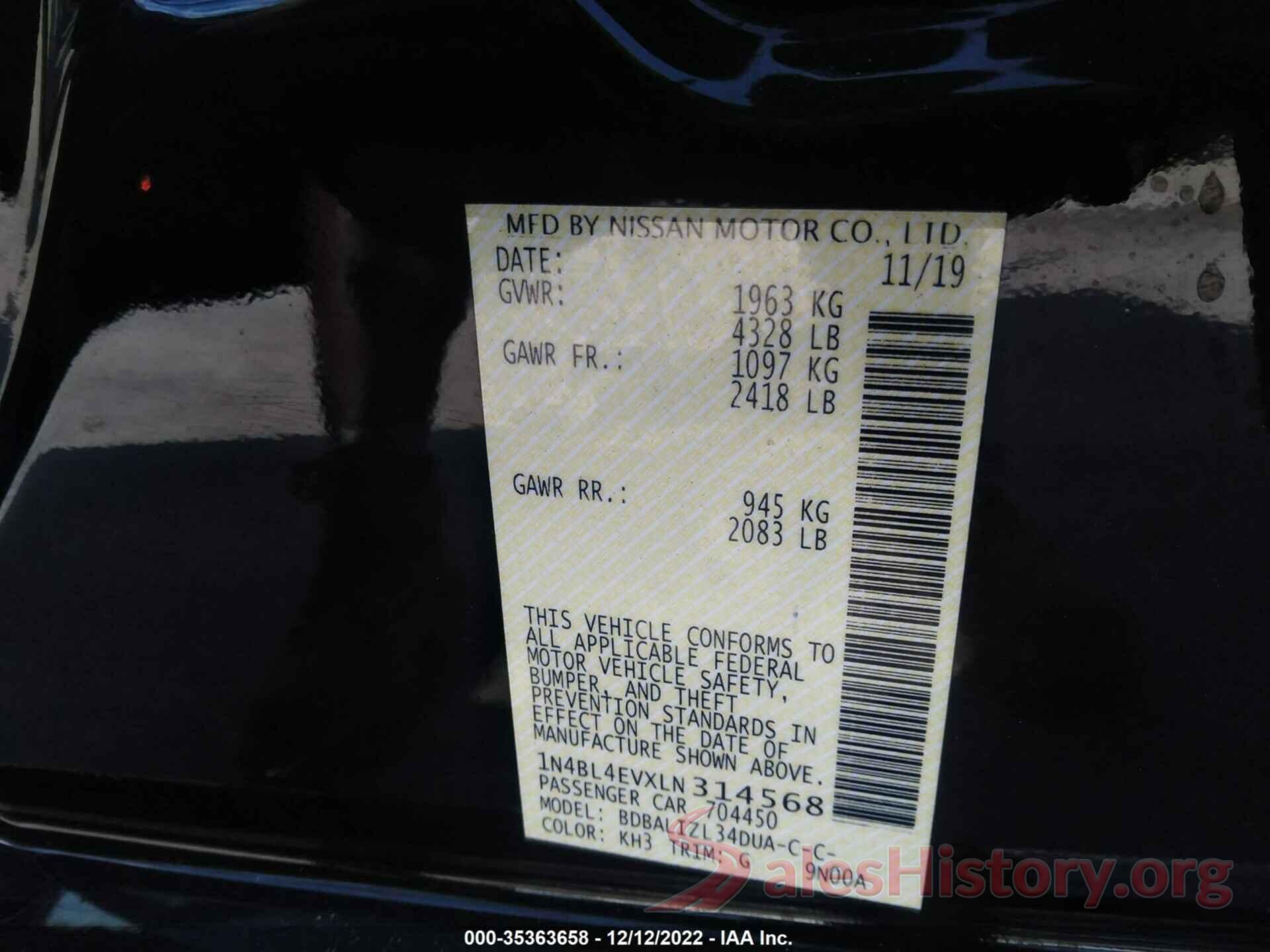 1N4BL4EVXLN314568 2020 NISSAN ALTIMA