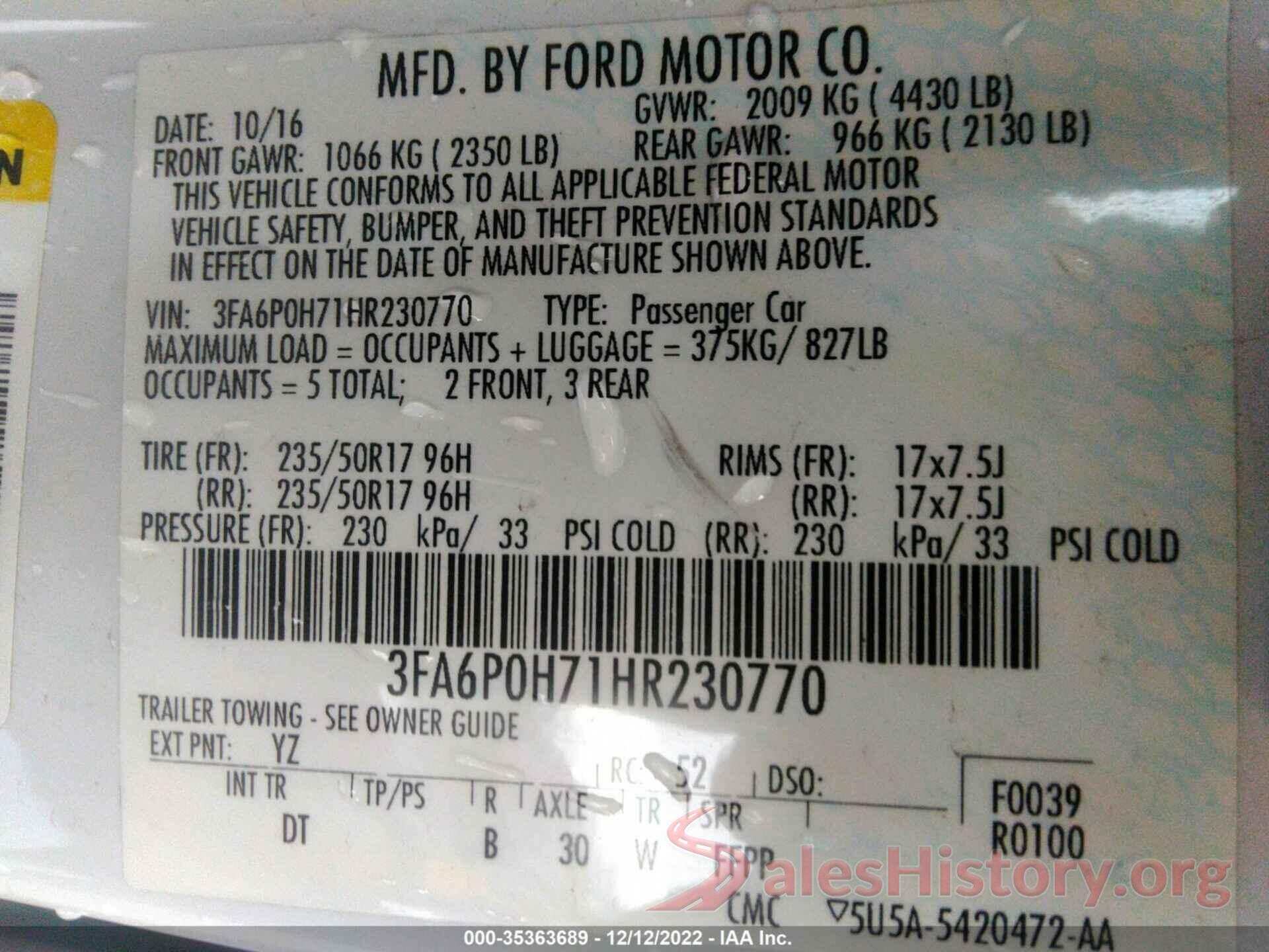 3FA6P0H71HR230770 2017 FORD FUSION