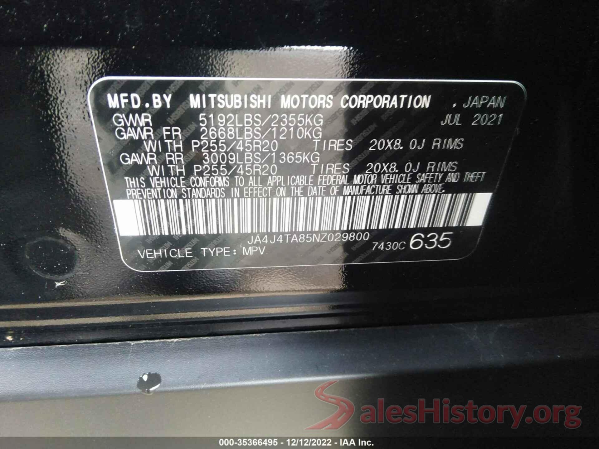 JA4J4TA85NZ029800 2022 MITSUBISHI OUTLANDER