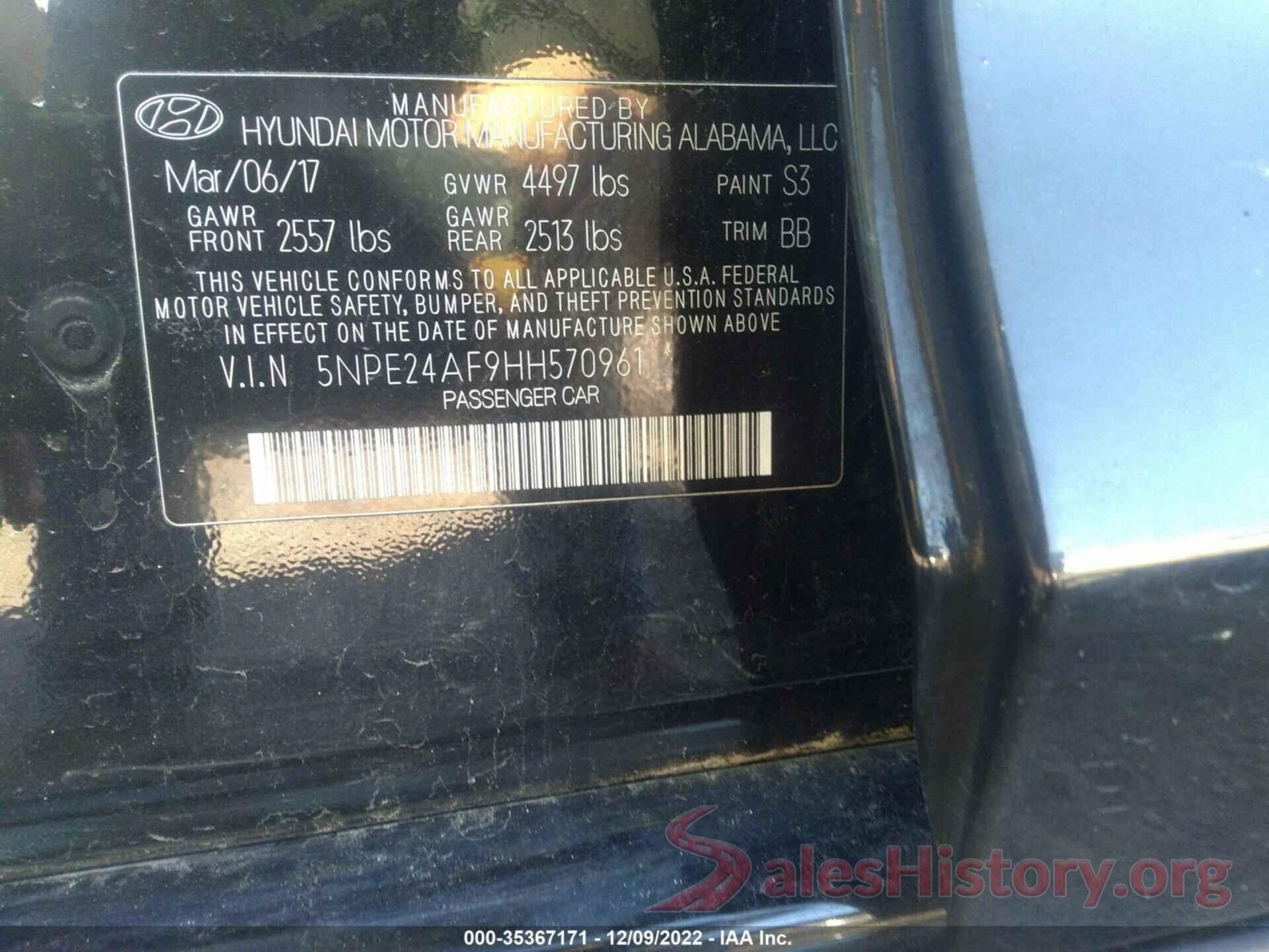 5NPE24AF9HH570961 2017 HYUNDAI SONATA