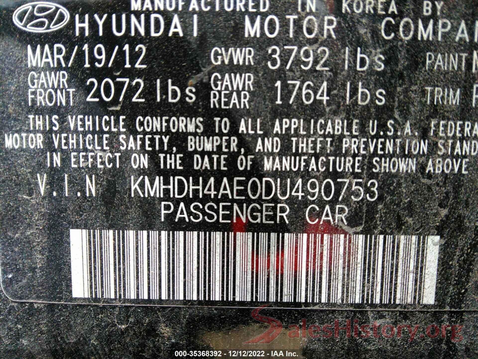 KMHDH4AE0DU490753 2013 HYUNDAI ELANTRA