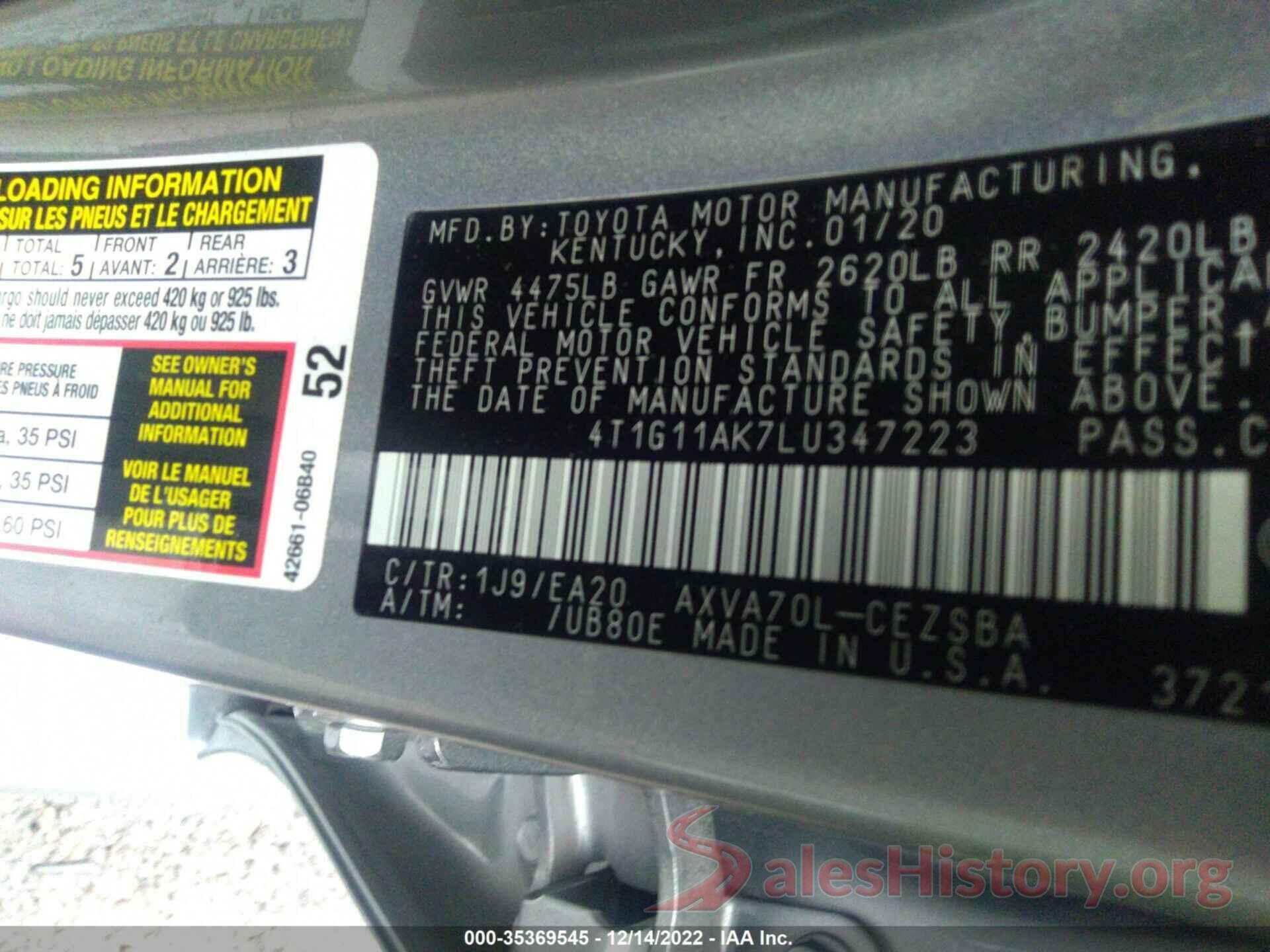 4T1G11AK7LU347223 2020 TOYOTA CAMRY