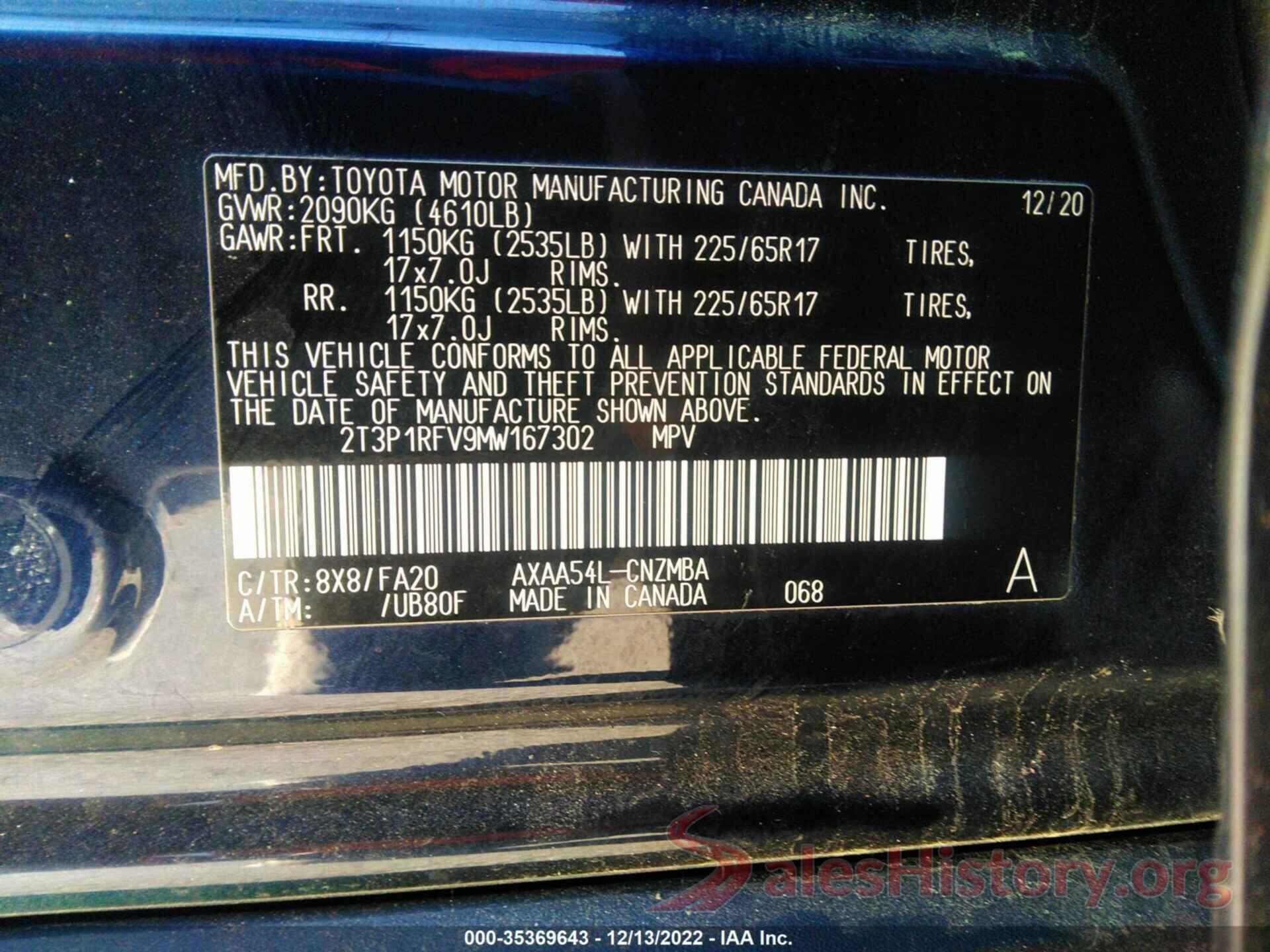 2T3P1RFV9MW167302 2021 TOYOTA RAV4