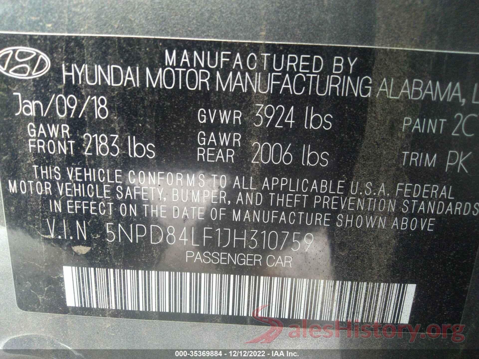 5NPD84LF1JH310759 2018 HYUNDAI ELANTRA