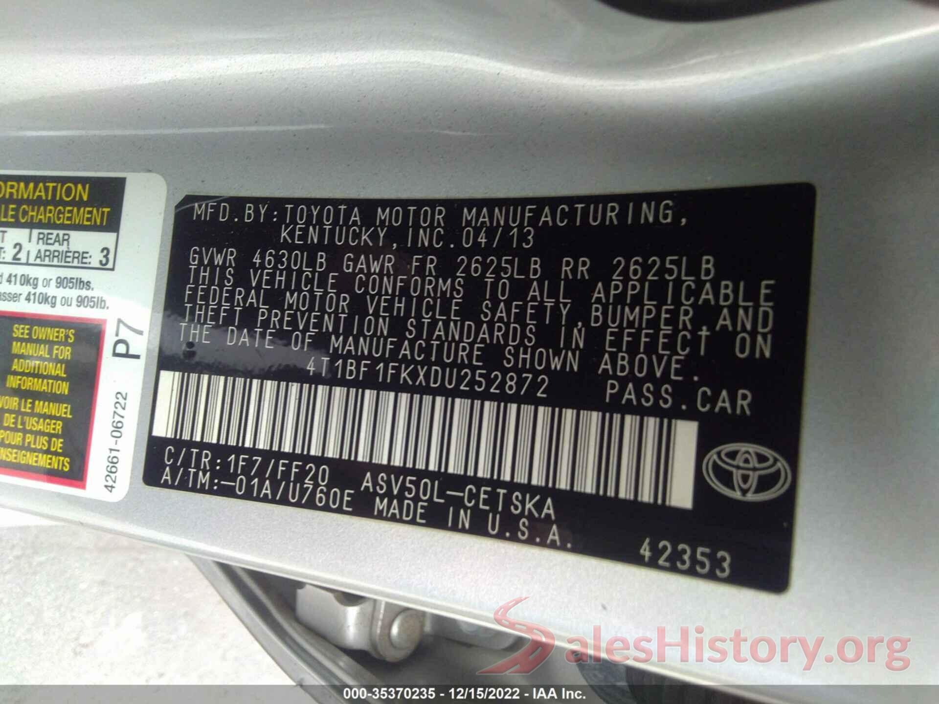 4T1BF1FKXDU252872 2013 TOYOTA CAMRY