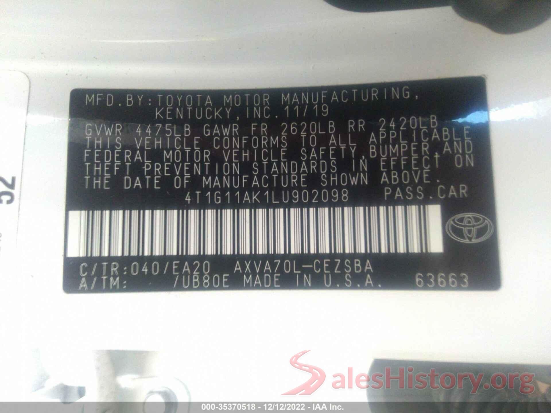 4T1G11AK1LU902098 2020 TOYOTA CAMRY