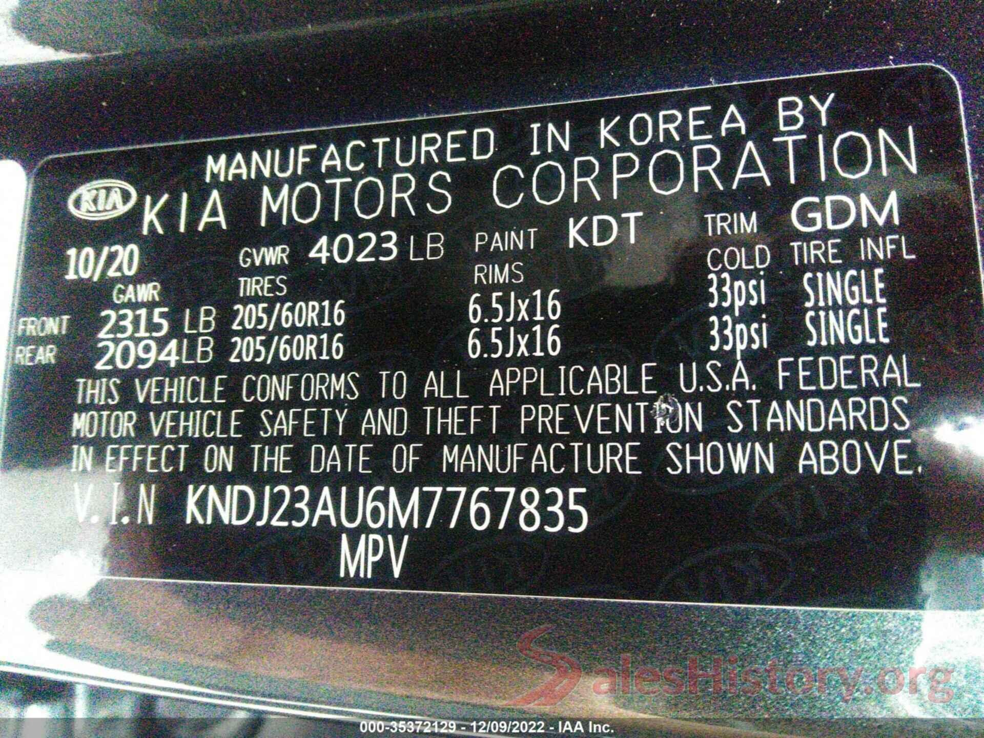 KNDJ23AU6M7767835 2021 KIA SOUL