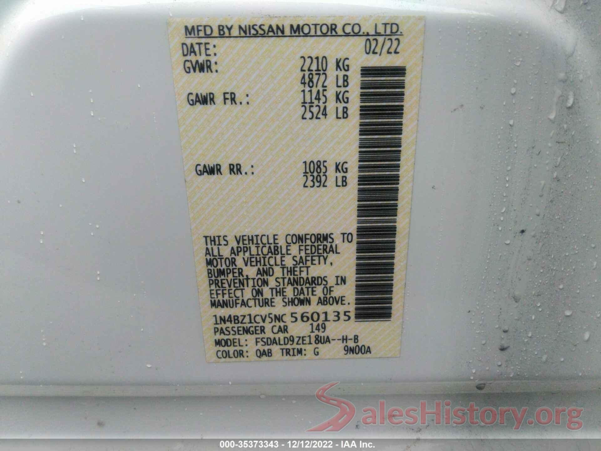 1N4BZ1CV5NC560135 2022 NISSAN LEAF