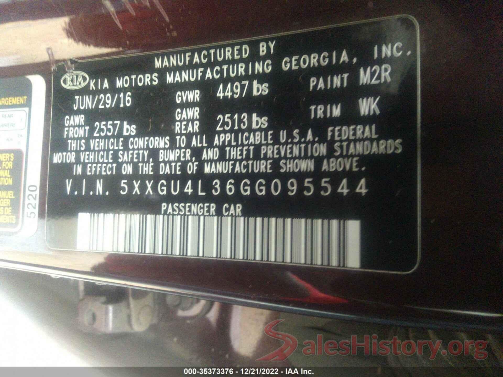 5XXGU4L36GG095544 2016 KIA OPTIMA