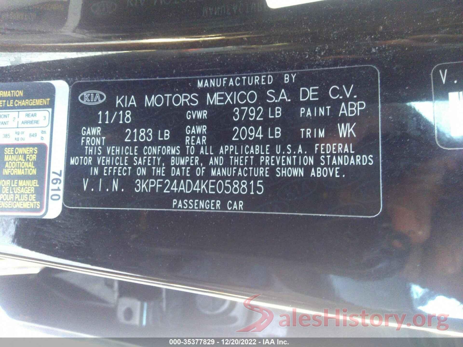 3KPF24AD4KE058815 2019 KIA FORTE