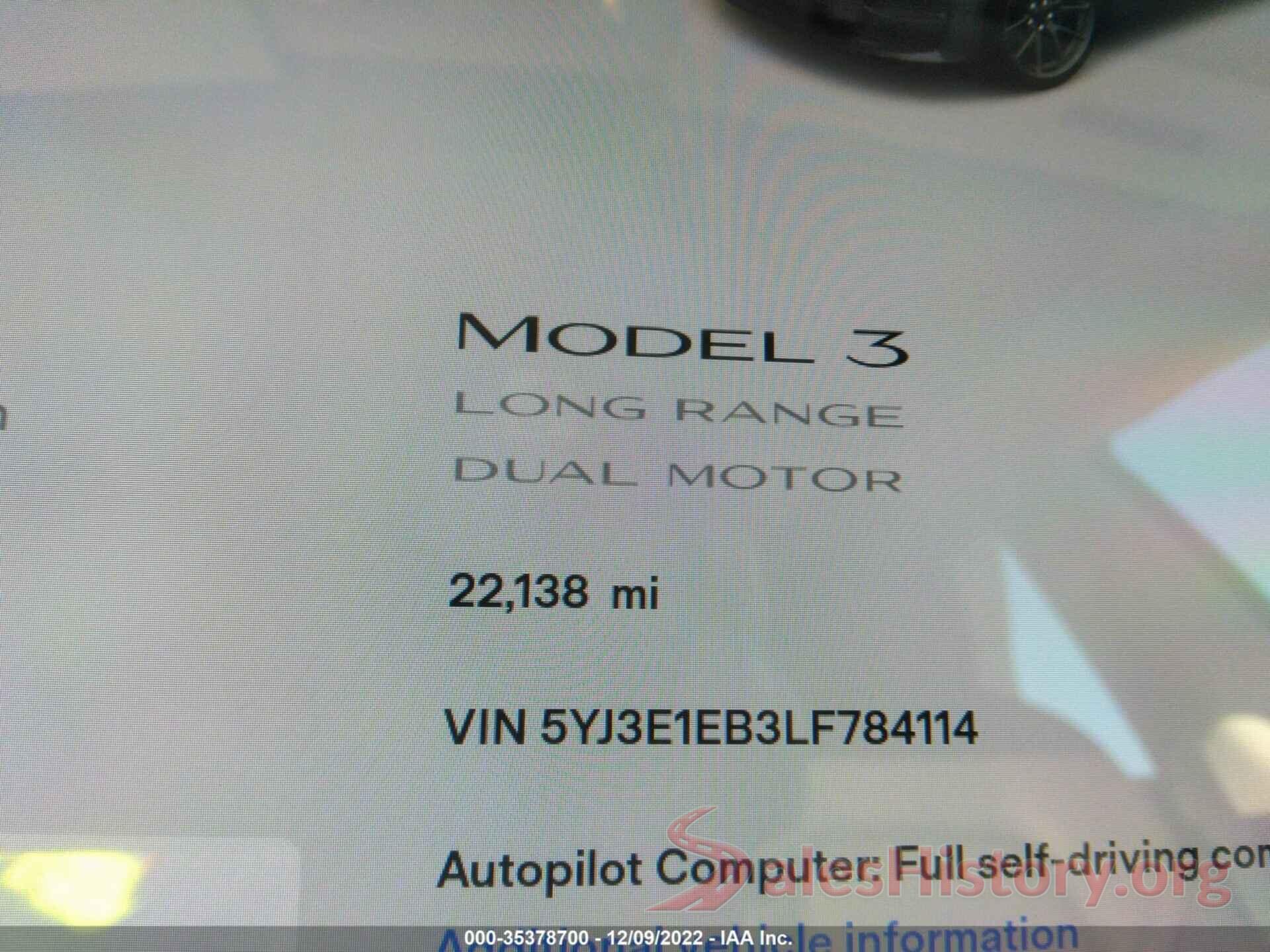 5YJ3E1EB3LF784114 2020 TESLA MODEL 3