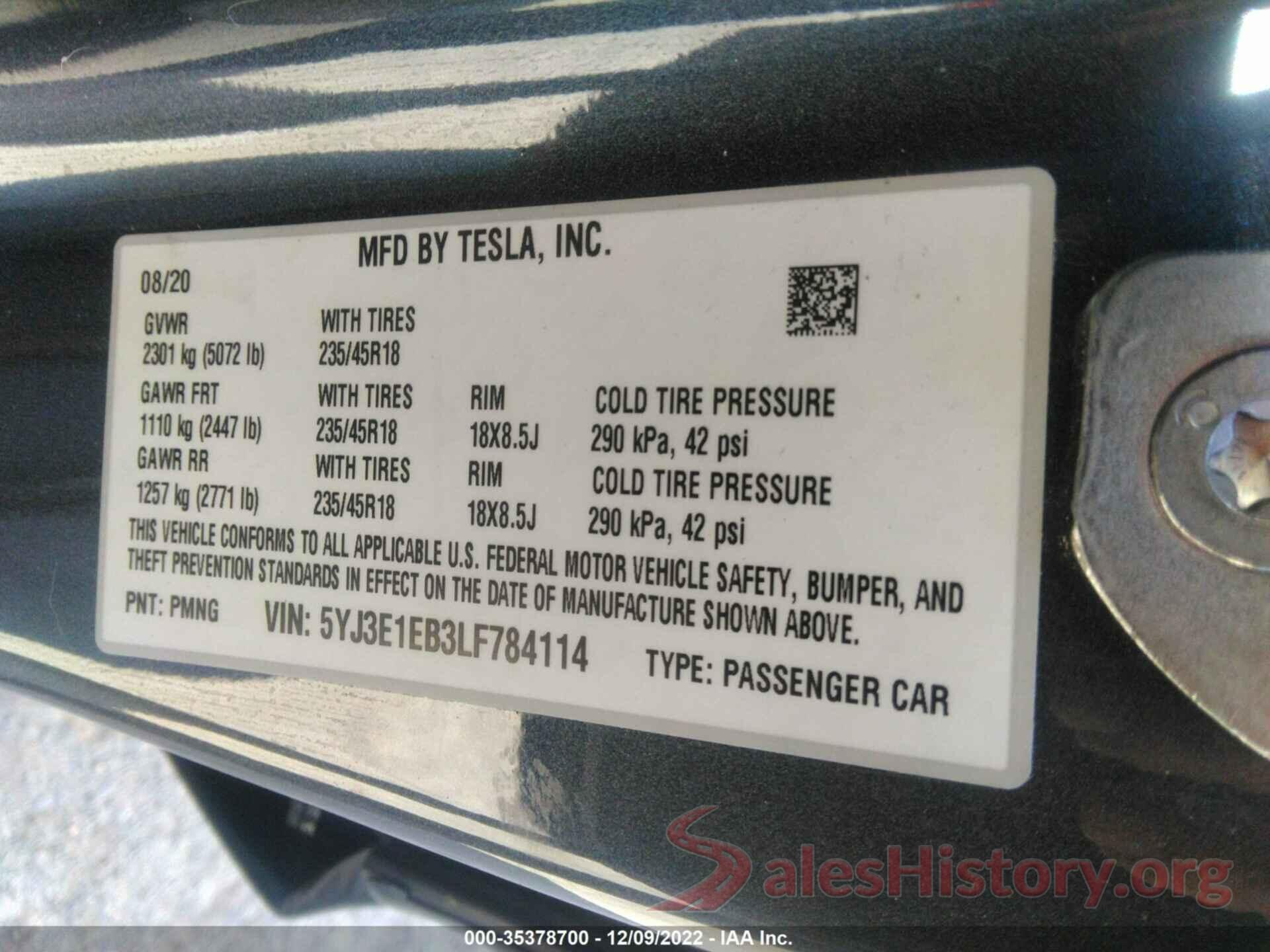 5YJ3E1EB3LF784114 2020 TESLA MODEL 3