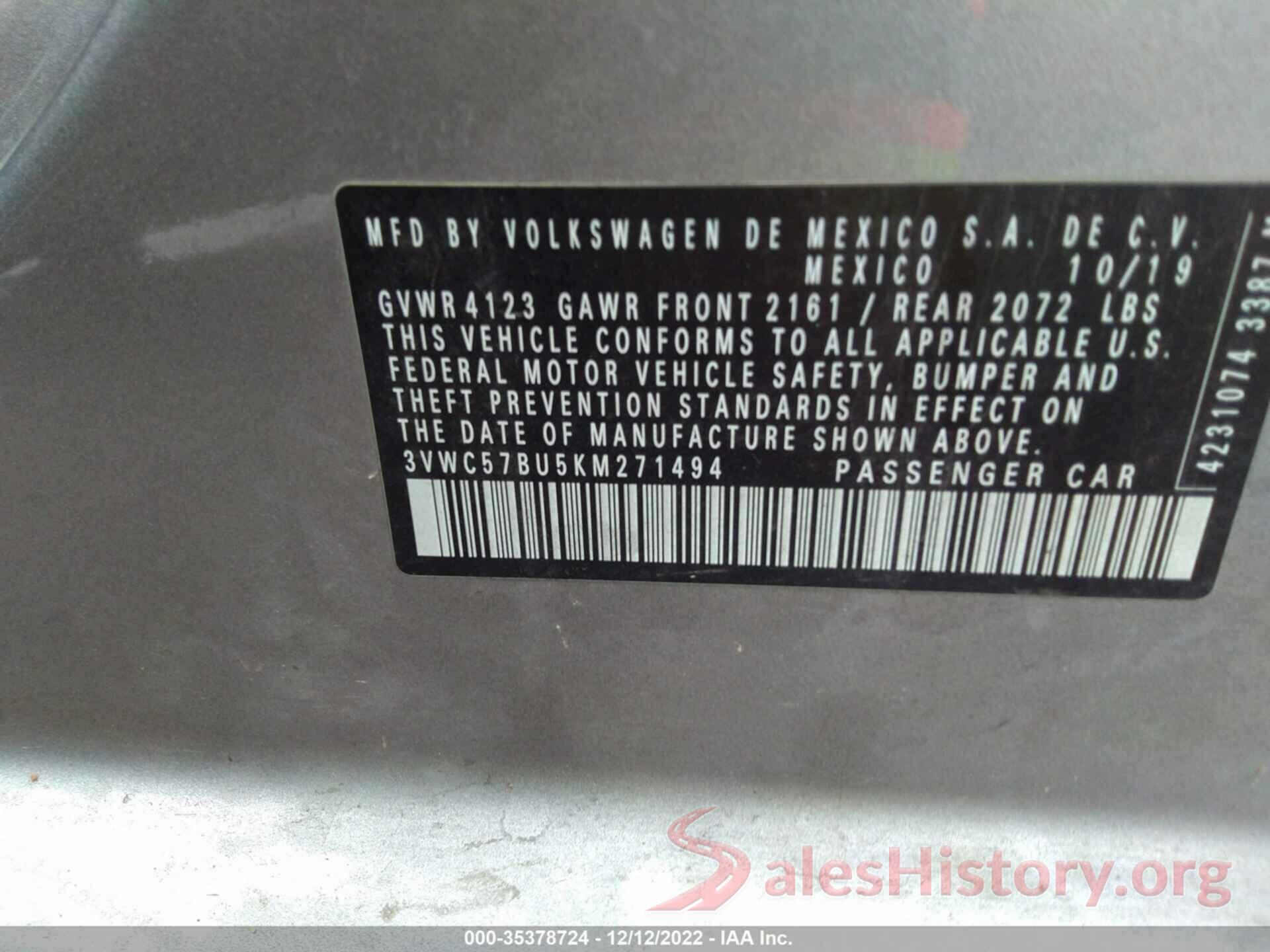 3VWC57BU5KM271494 2019 VOLKSWAGEN JETTA