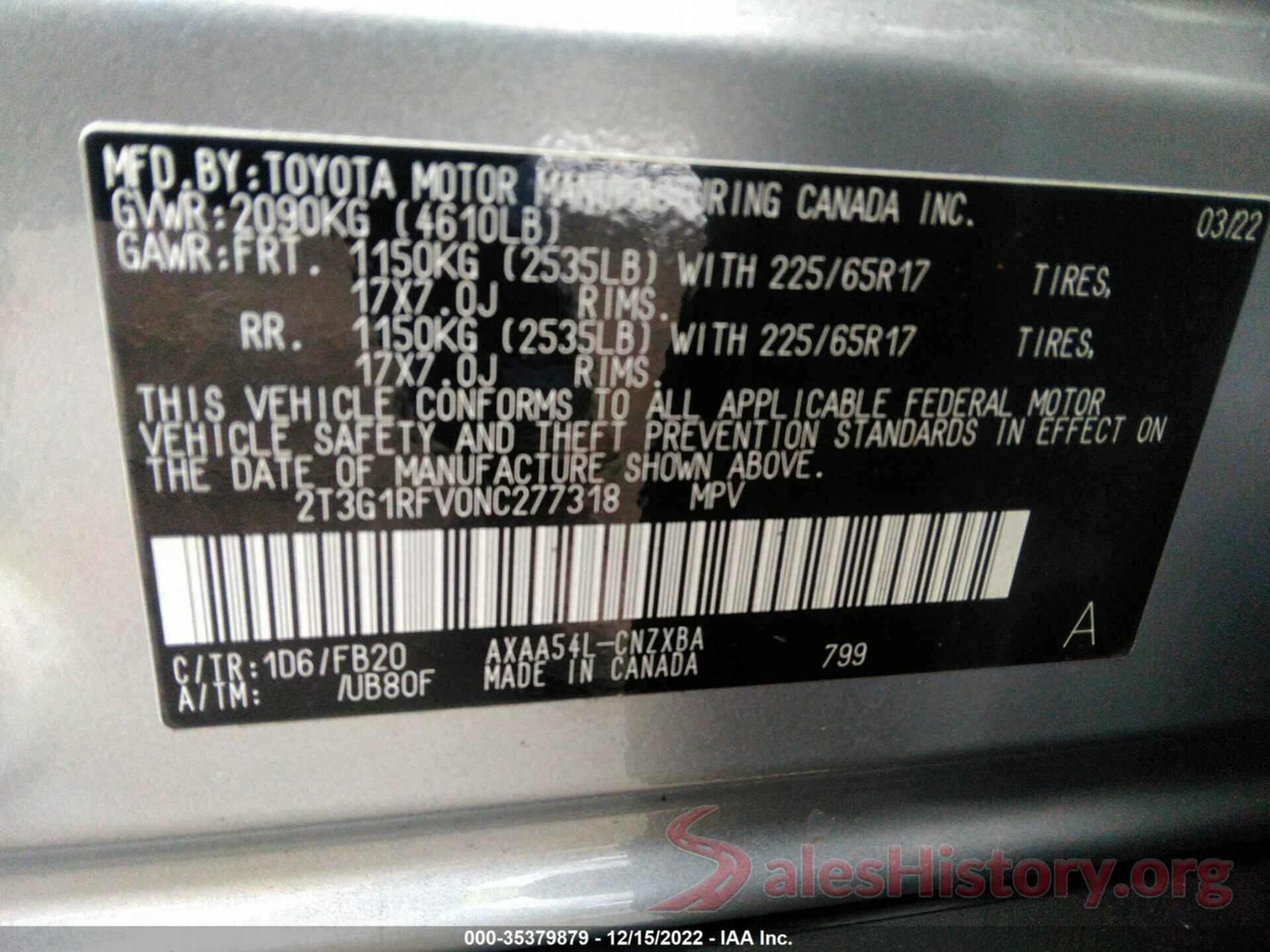 2T3G1RFV0NC277318 2022 TOYOTA RAV4