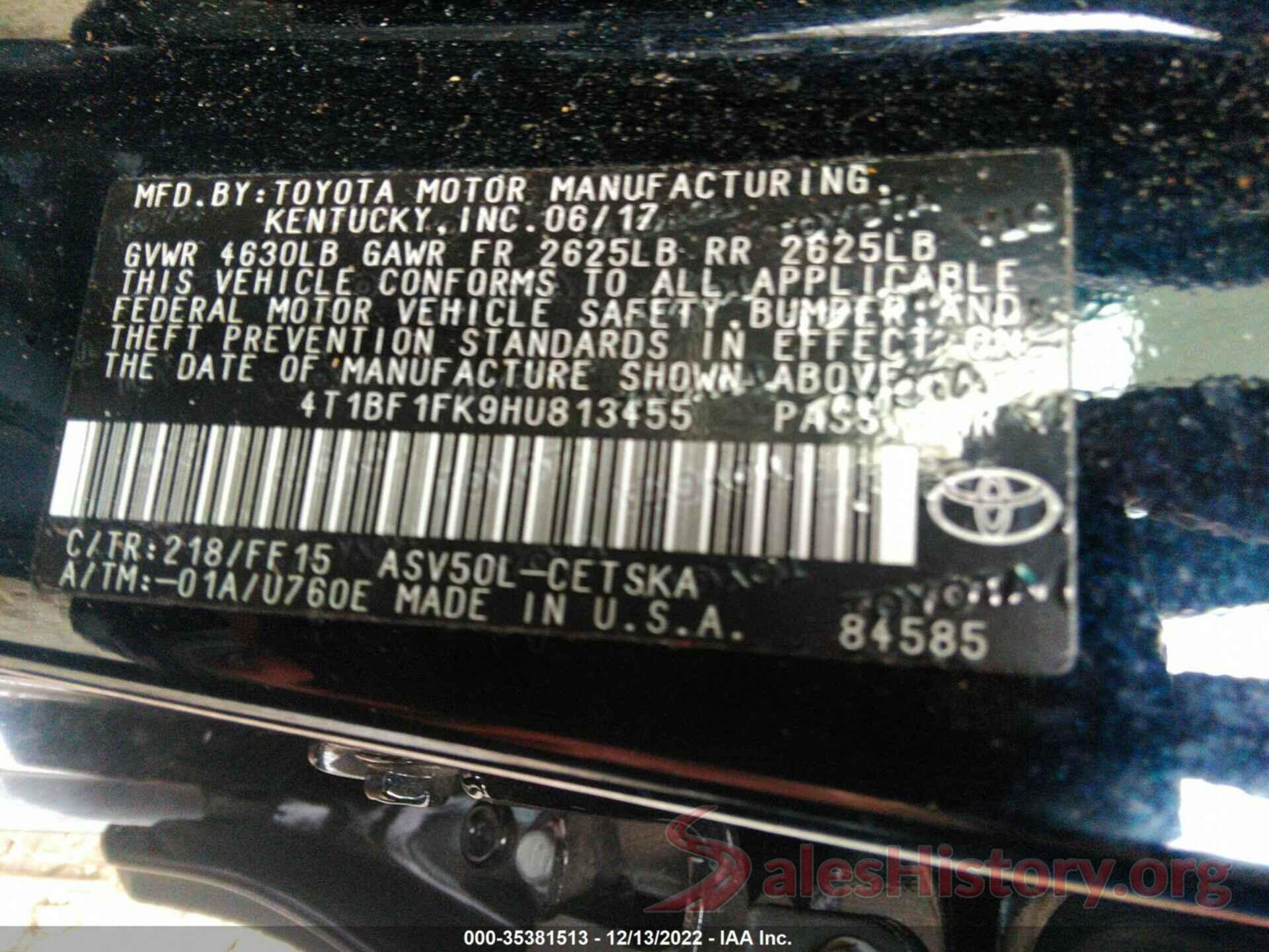 4T1BF1FK9HU813455 2017 TOYOTA CAMRY