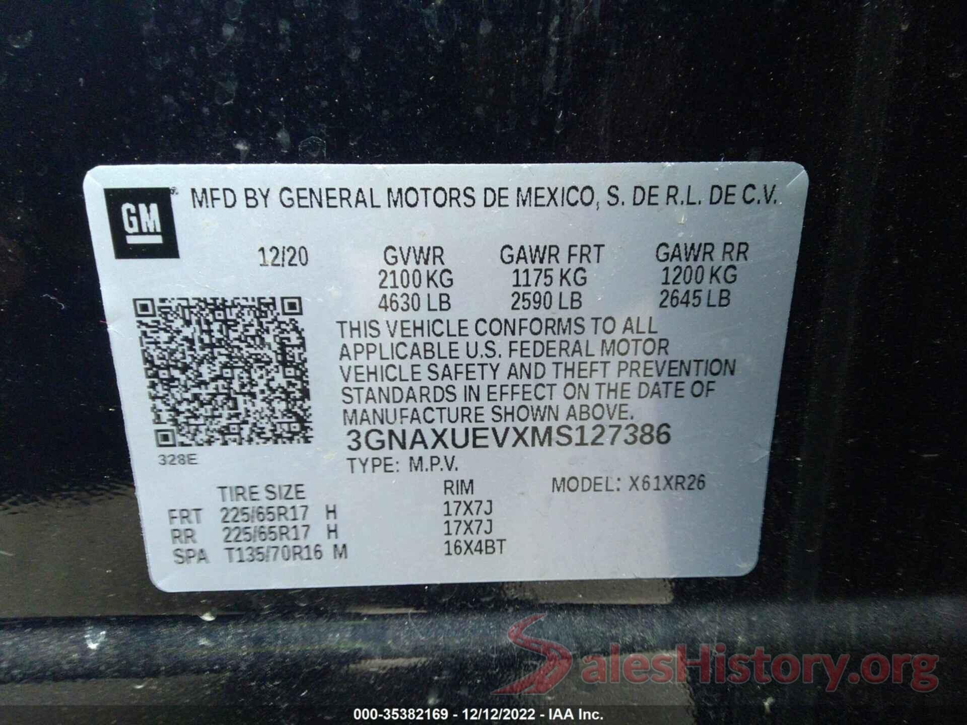 3GNAXUEVXMS127386 2021 CHEVROLET EQUINOX