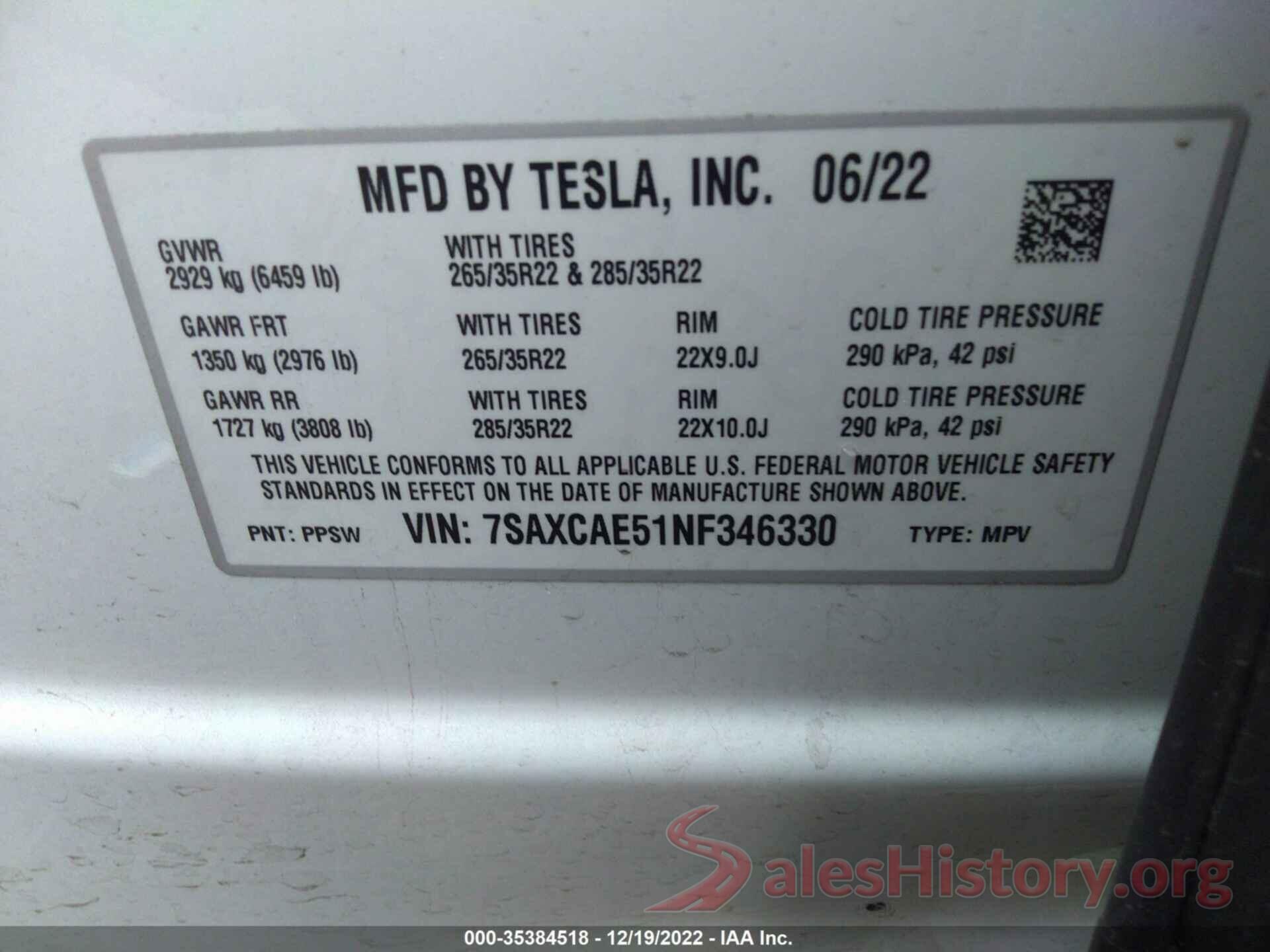 7SAXCAE51NF346330 2022 TESLA MODEL X