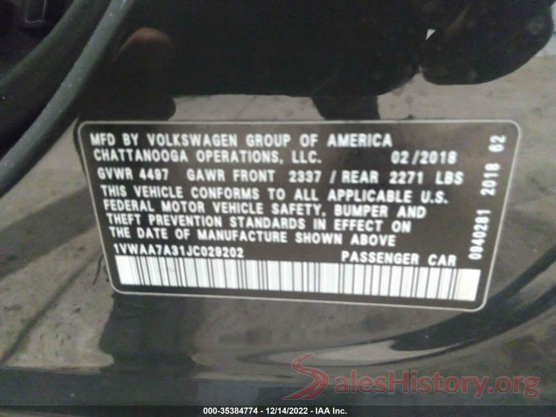 1VWAA7A31JC029202 2018 VOLKSWAGEN PASSAT