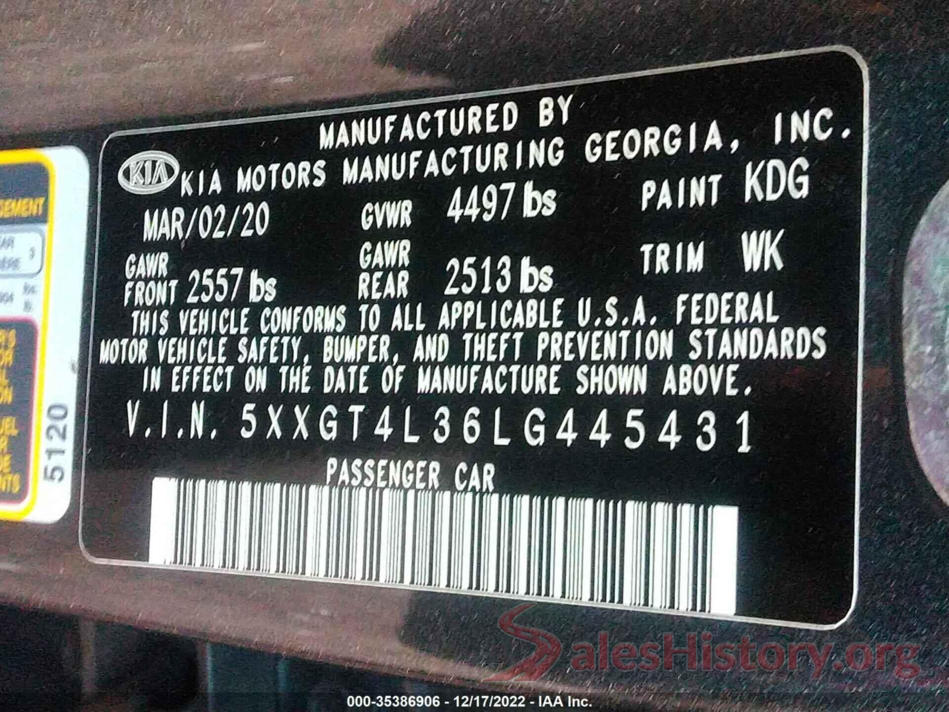 5XXGT4L36LG445431 2020 KIA OPTIMA