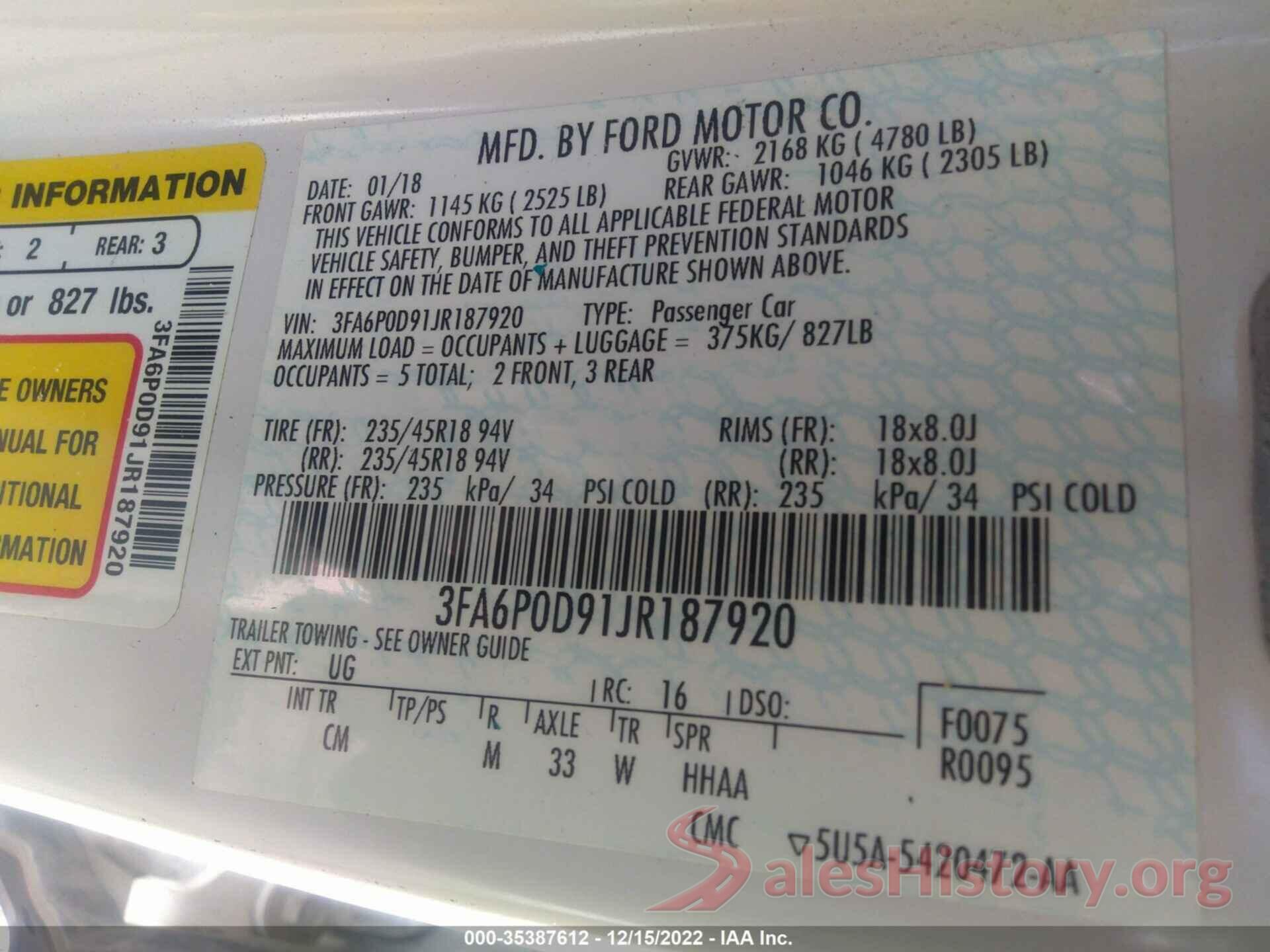 3FA6P0D91JR187920 2018 FORD FUSION