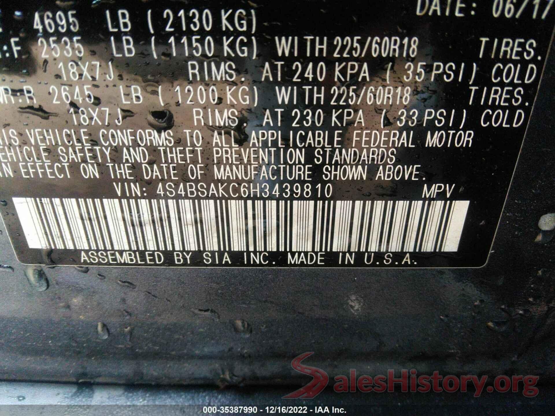 4S4BSAKC6H3439810 2017 SUBARU OUTBACK