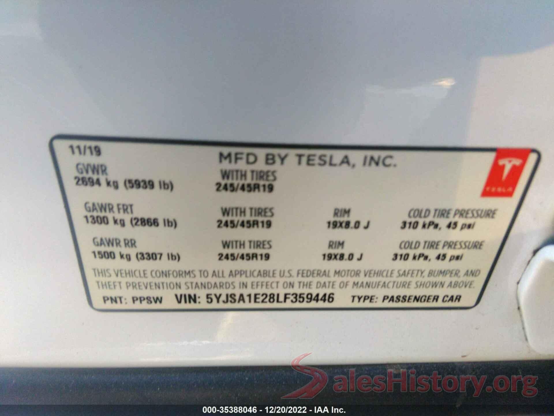 5YJSA1E28LF359446 2020 TESLA MODEL S