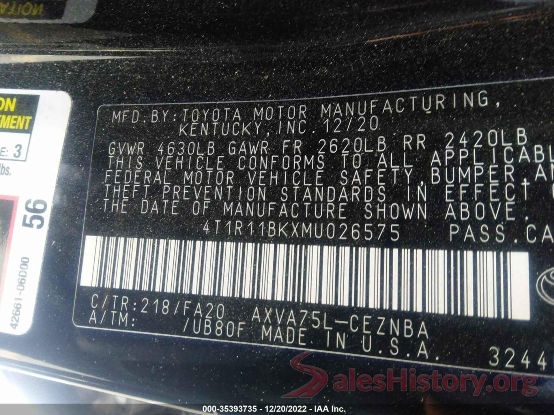 4T1R11BKXMU026575 2021 TOYOTA CAMRY