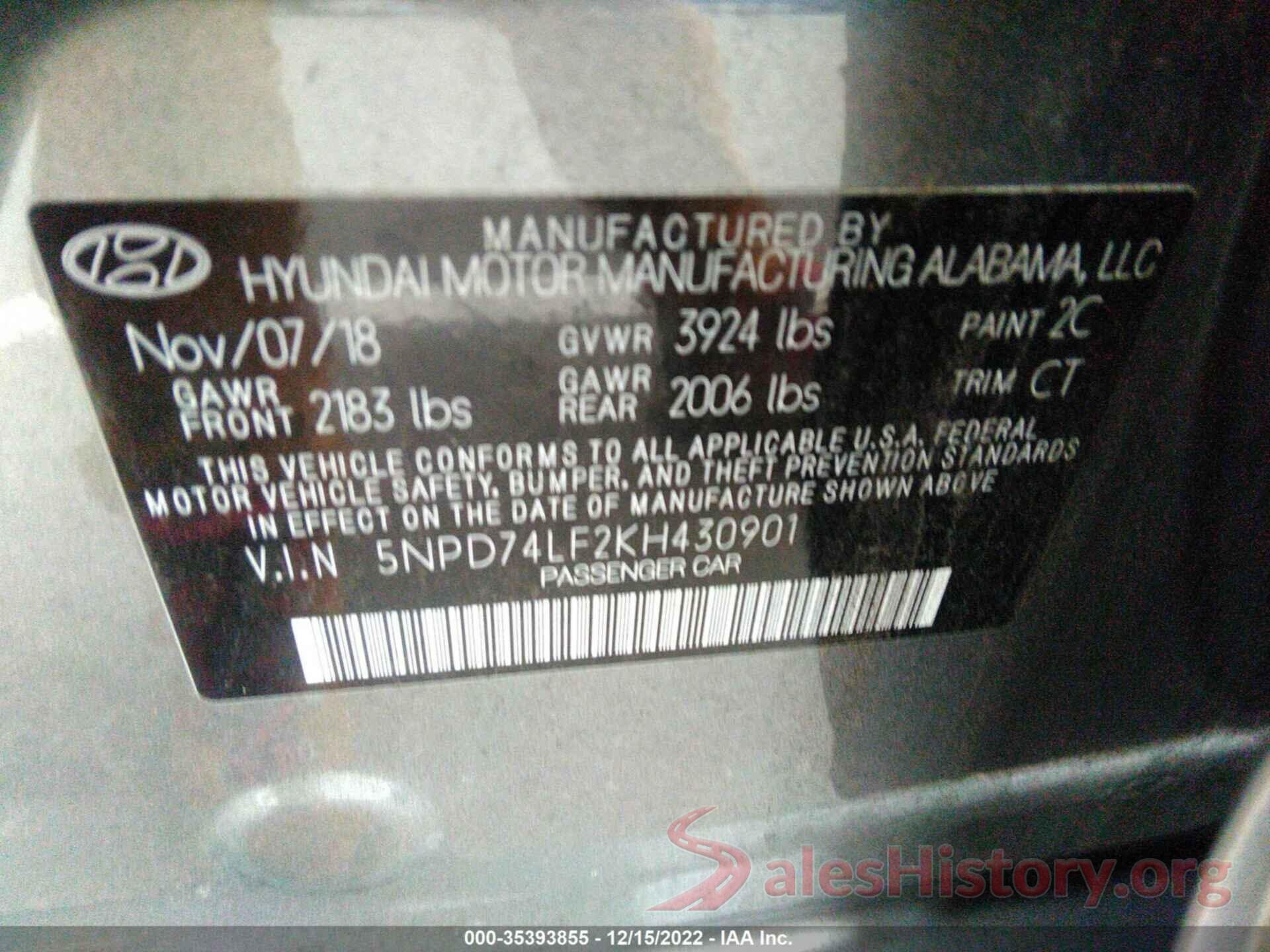 5NPD74LF2KH430901 2019 HYUNDAI ELANTRA