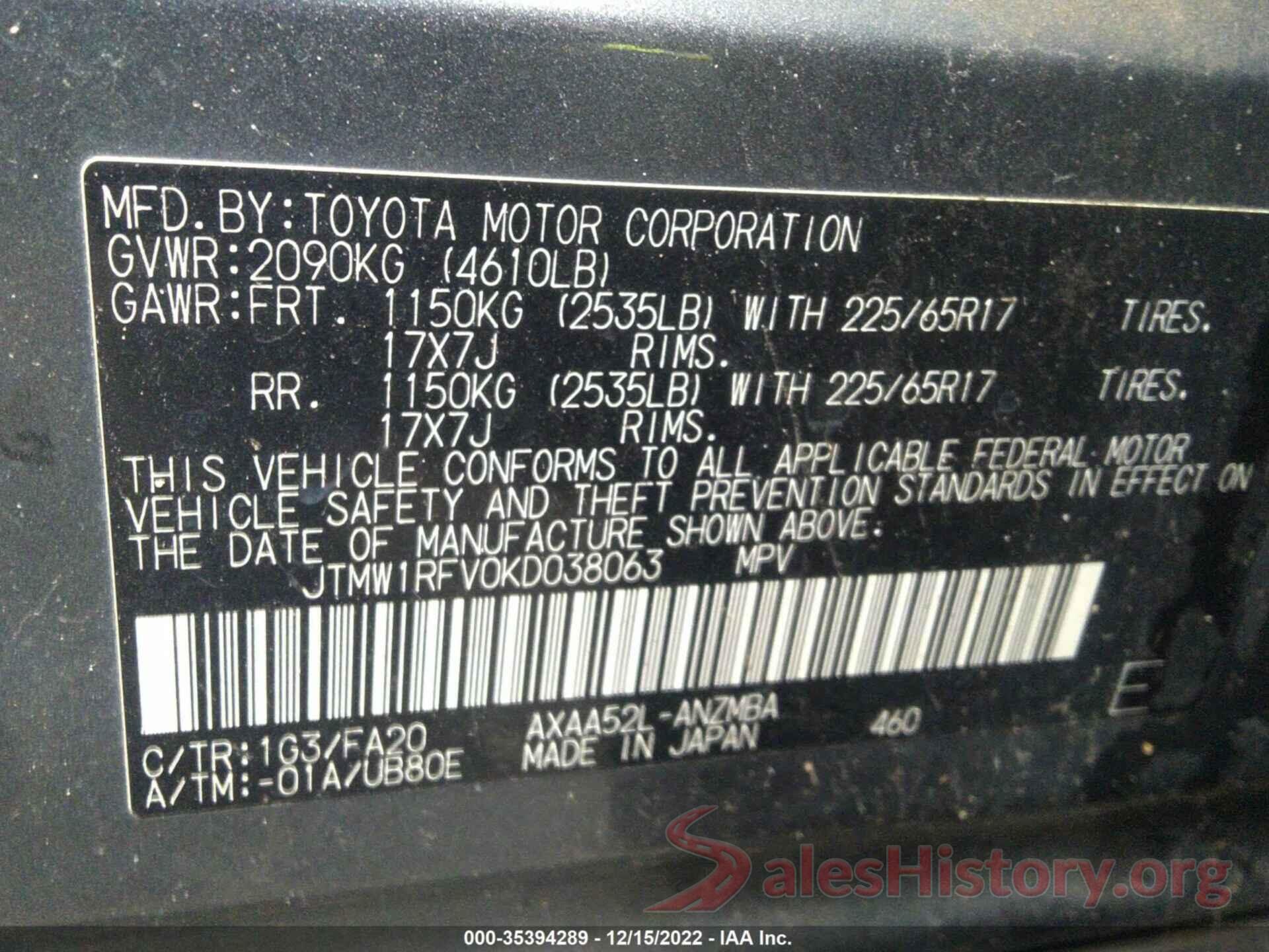 JTMW1RFV0KD038063 2019 TOYOTA RAV4