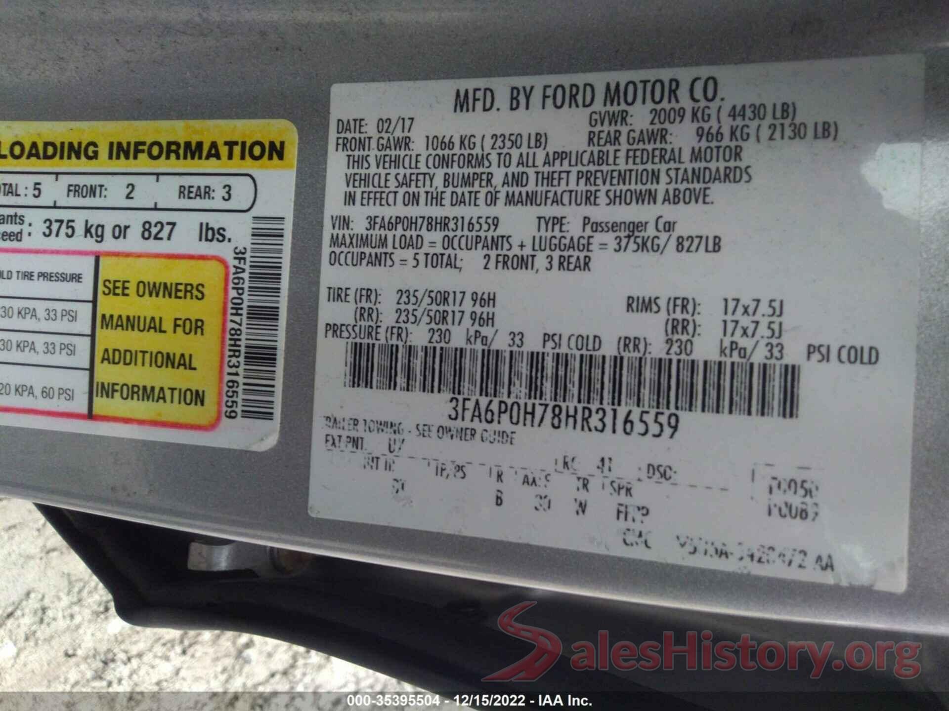 3FA6P0H78HR316559 2017 FORD FUSION