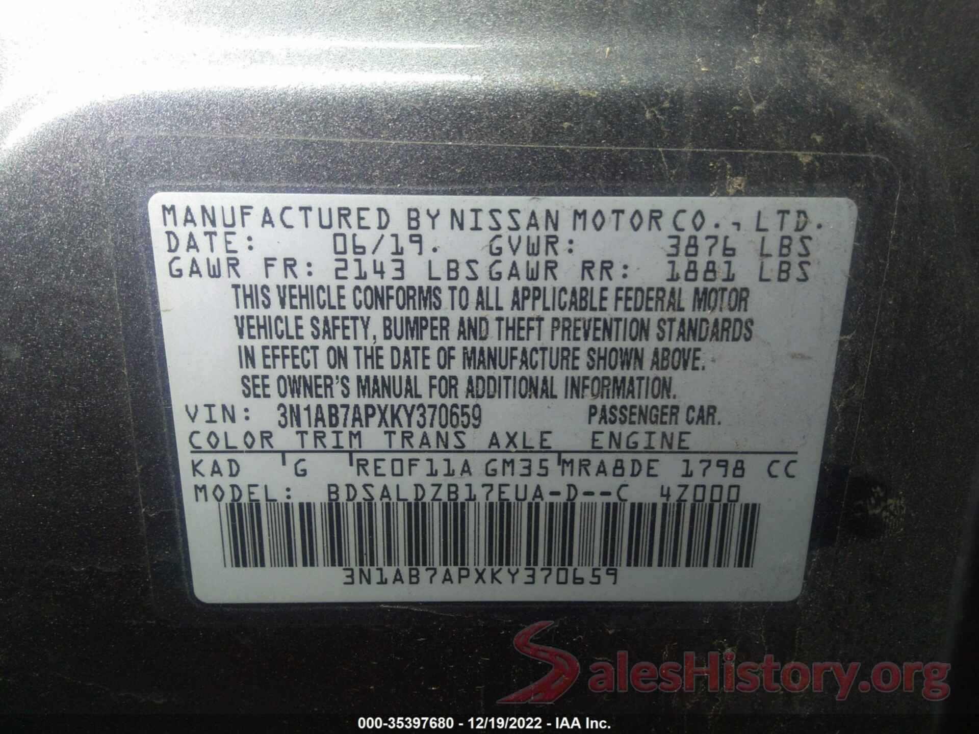 3N1AB7APXKY370659 2019 NISSAN SENTRA