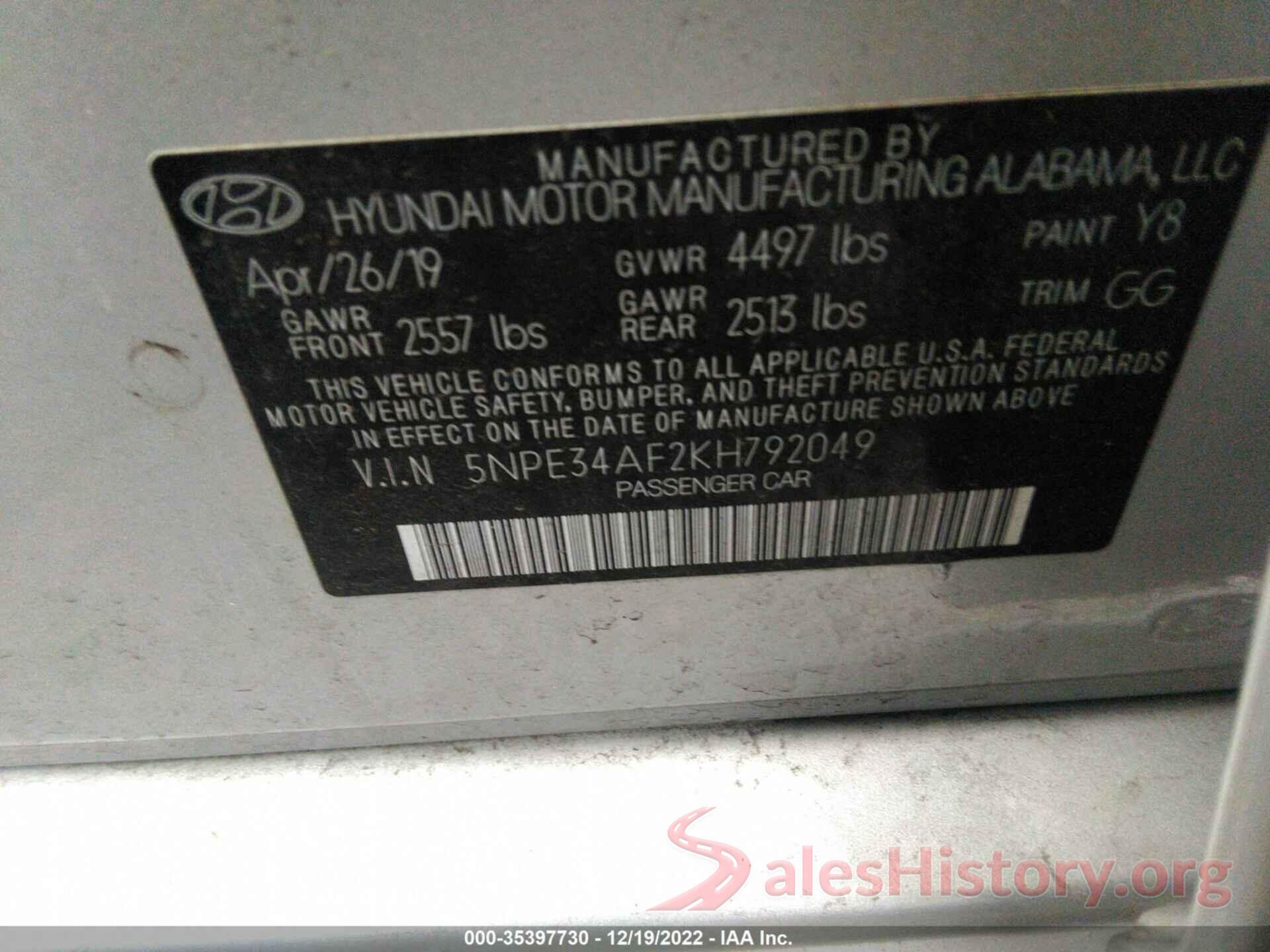 5NPE34AF2KH792049 2019 HYUNDAI SONATA