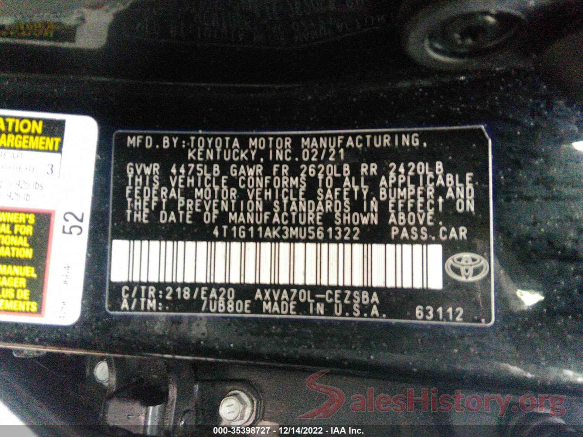 4T1G11AK3MU561322 2021 TOYOTA CAMRY