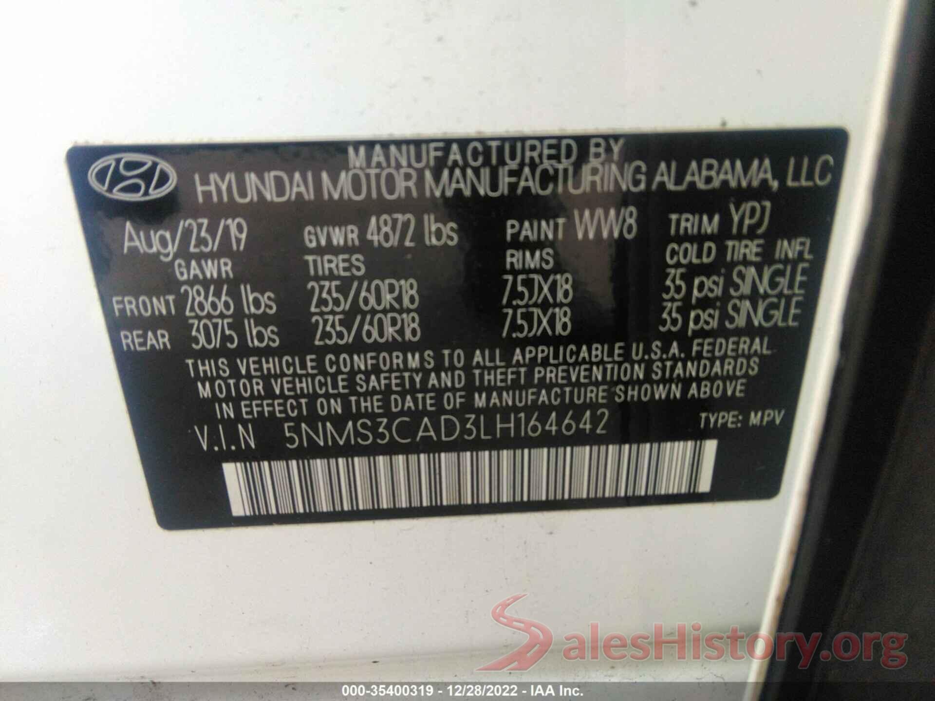 5NMS3CAD3LH164642 2020 HYUNDAI SANTA FE