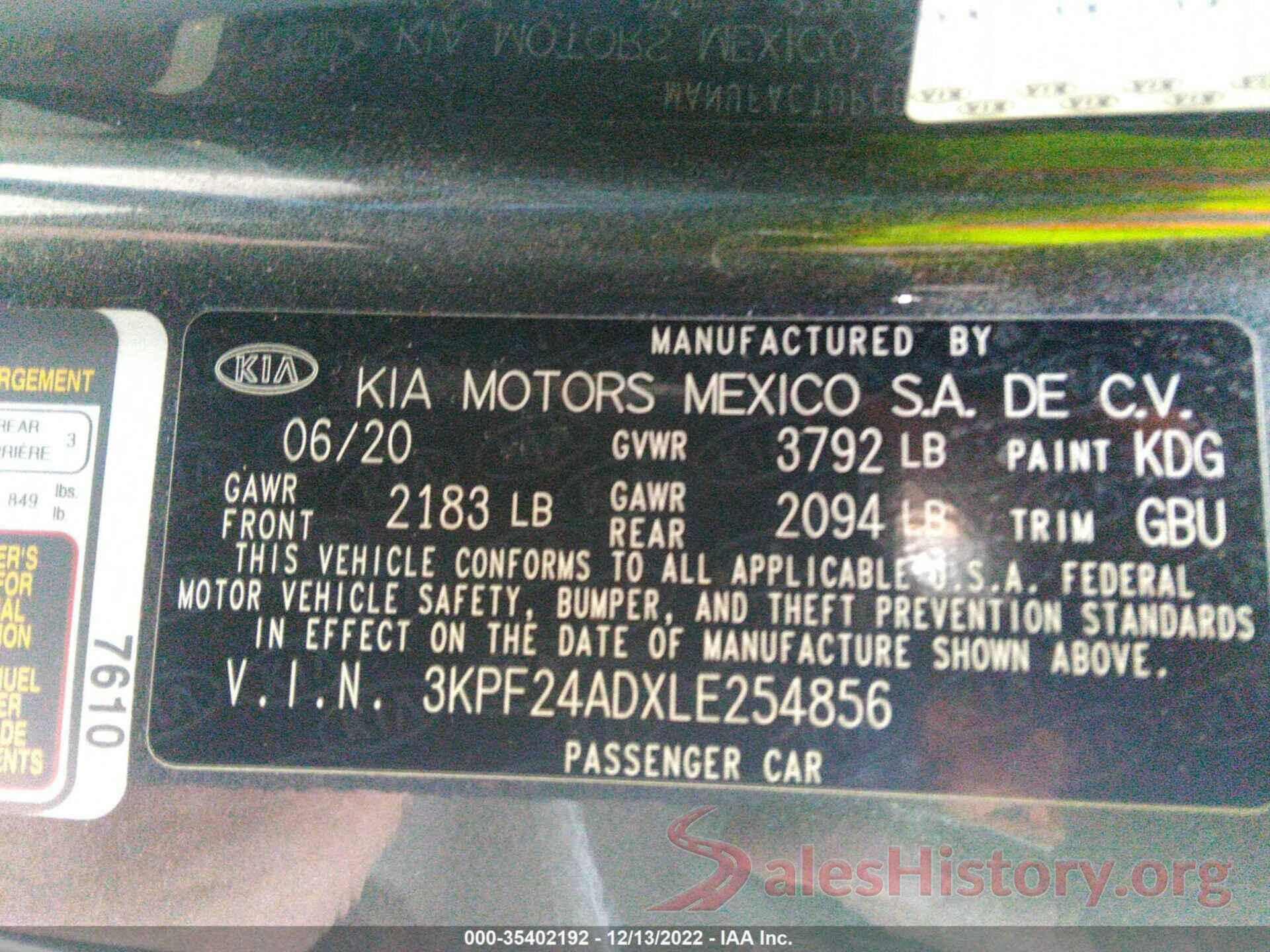 3KPF24ADXLE254856 2020 KIA FORTE