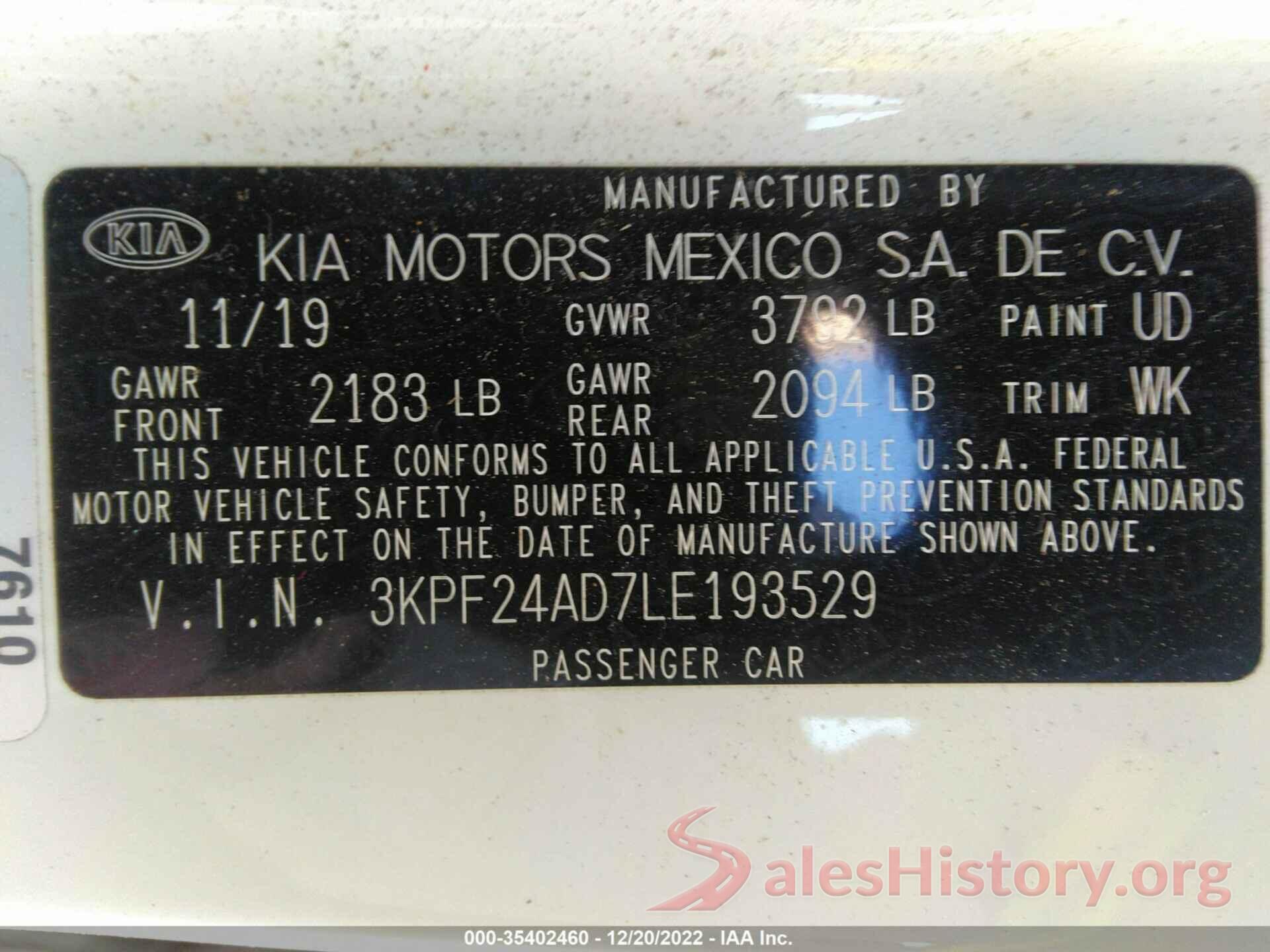 3KPF24AD7LE193529 2020 KIA FORTE