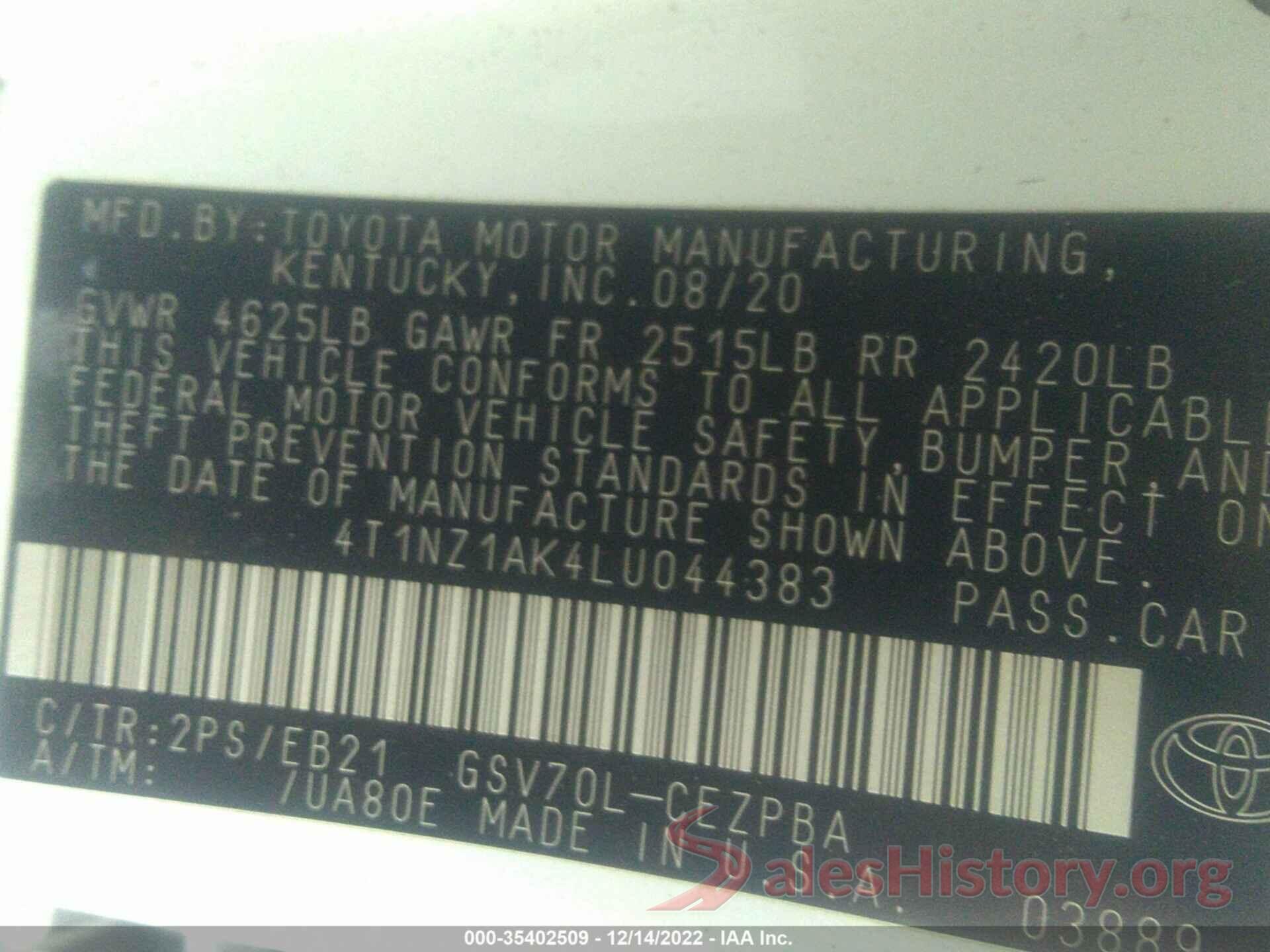 4T1NZ1AK4LU044383 2020 TOYOTA CAMRY