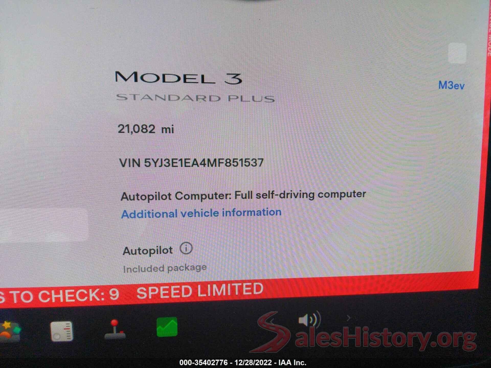 5YJ3E1EA4MF851537 2021 TESLA MODEL 3