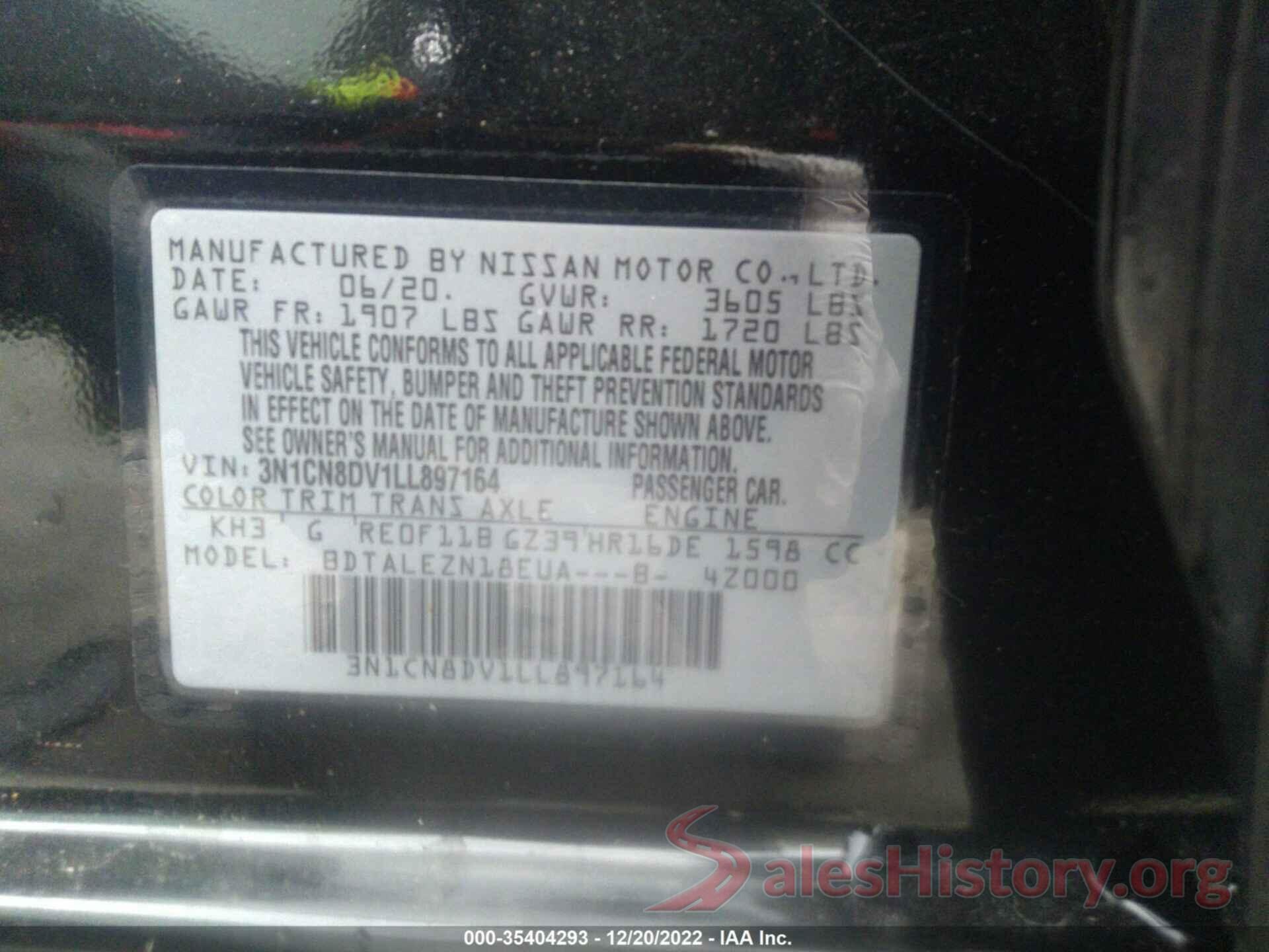 3N1CN8DV1LL897164 2020 NISSAN VERSA