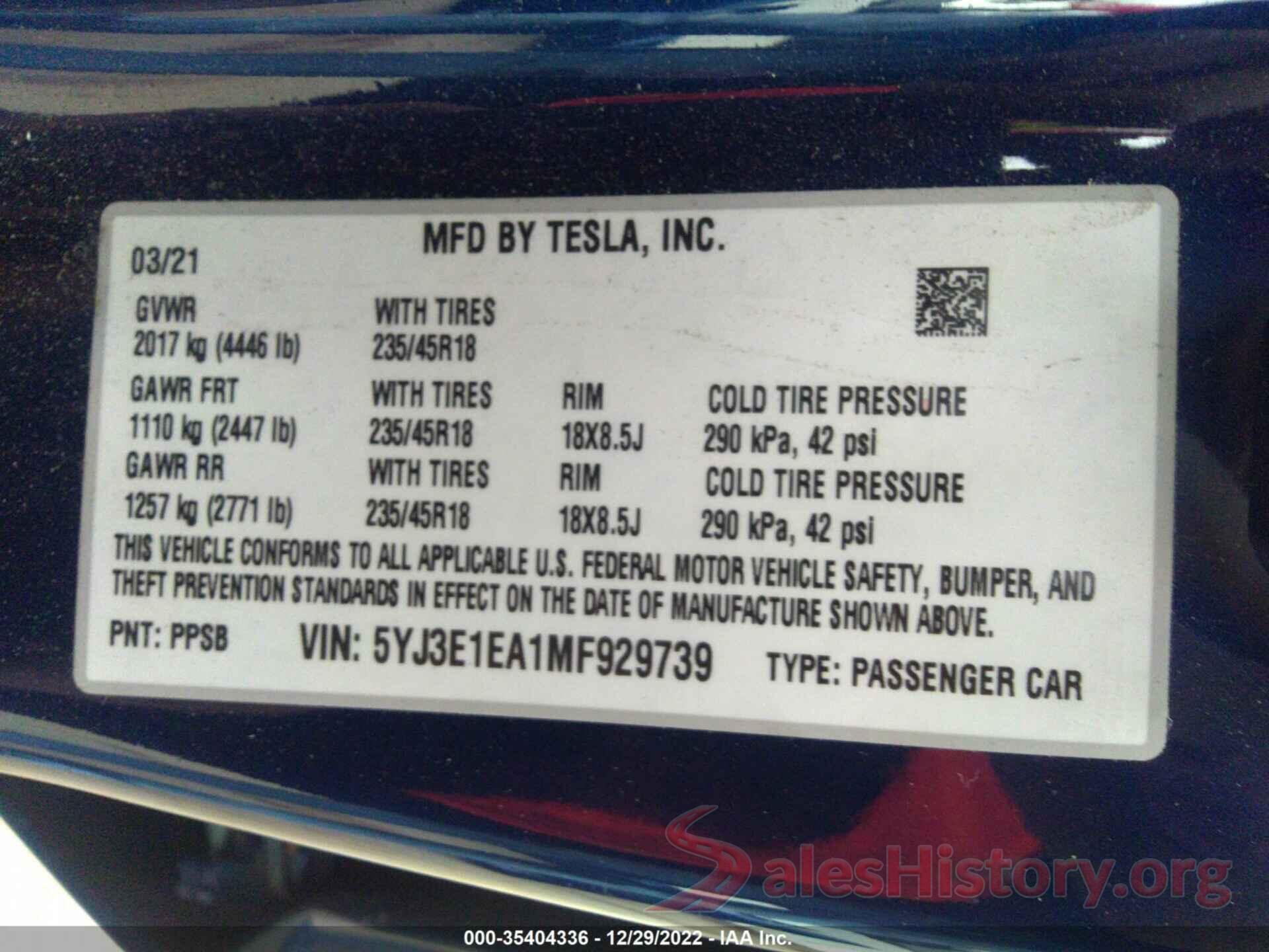 5YJ3E1EA1MF929739 2021 TESLA MODEL 3