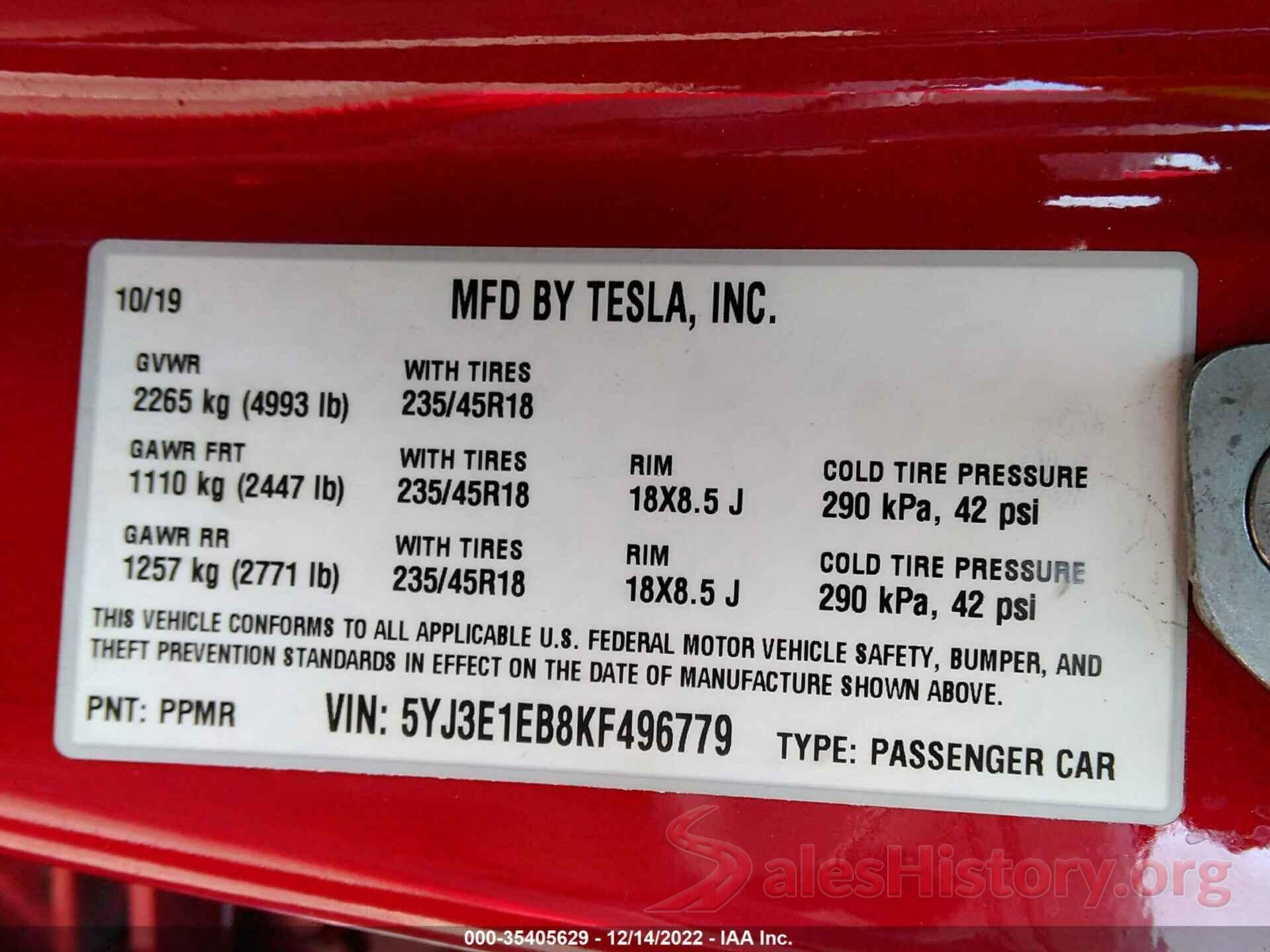 5YJ3E1EB8KF496779 2019 TESLA MODEL 3